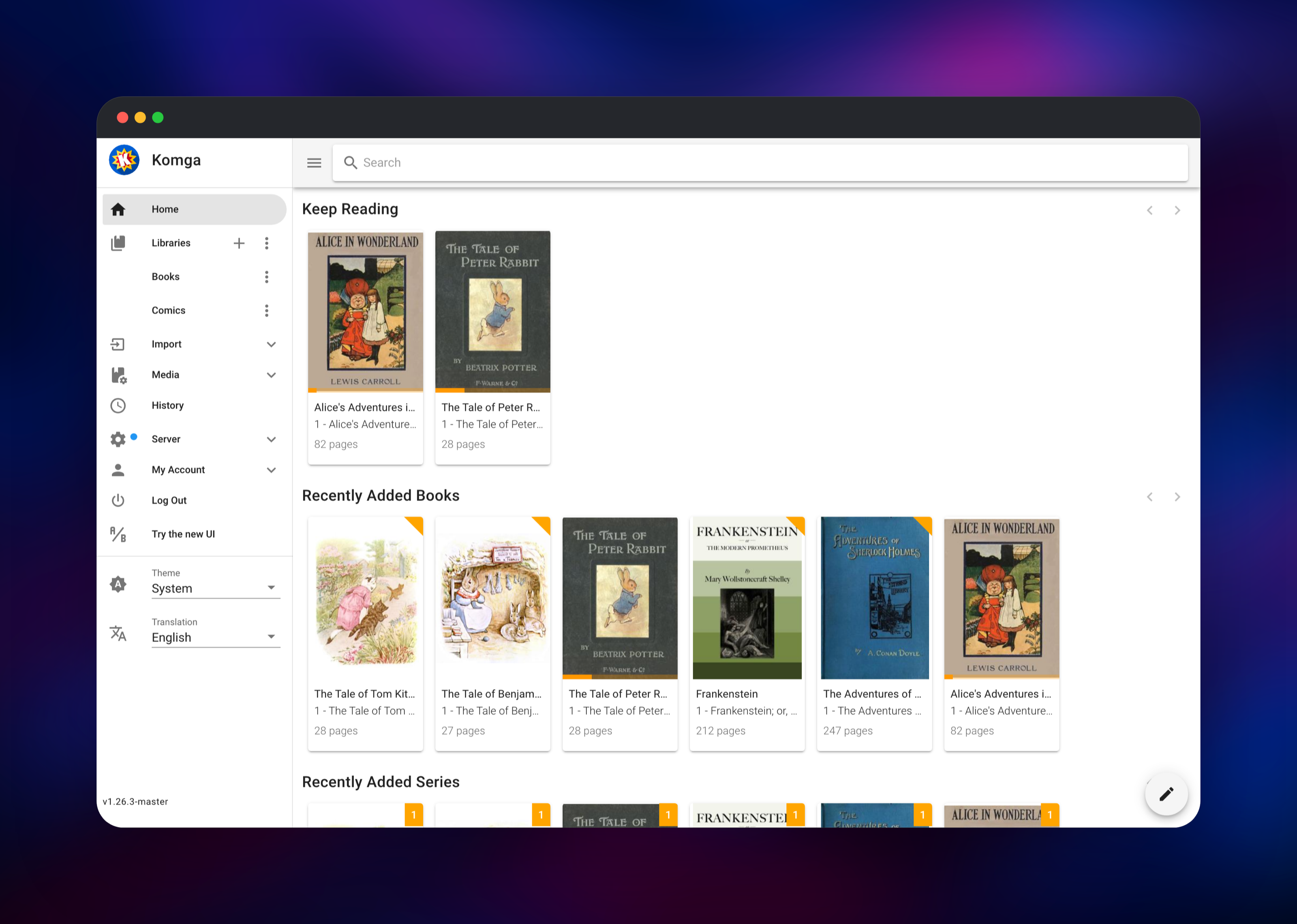 Komga home screen with Keep Reading and recently added covers