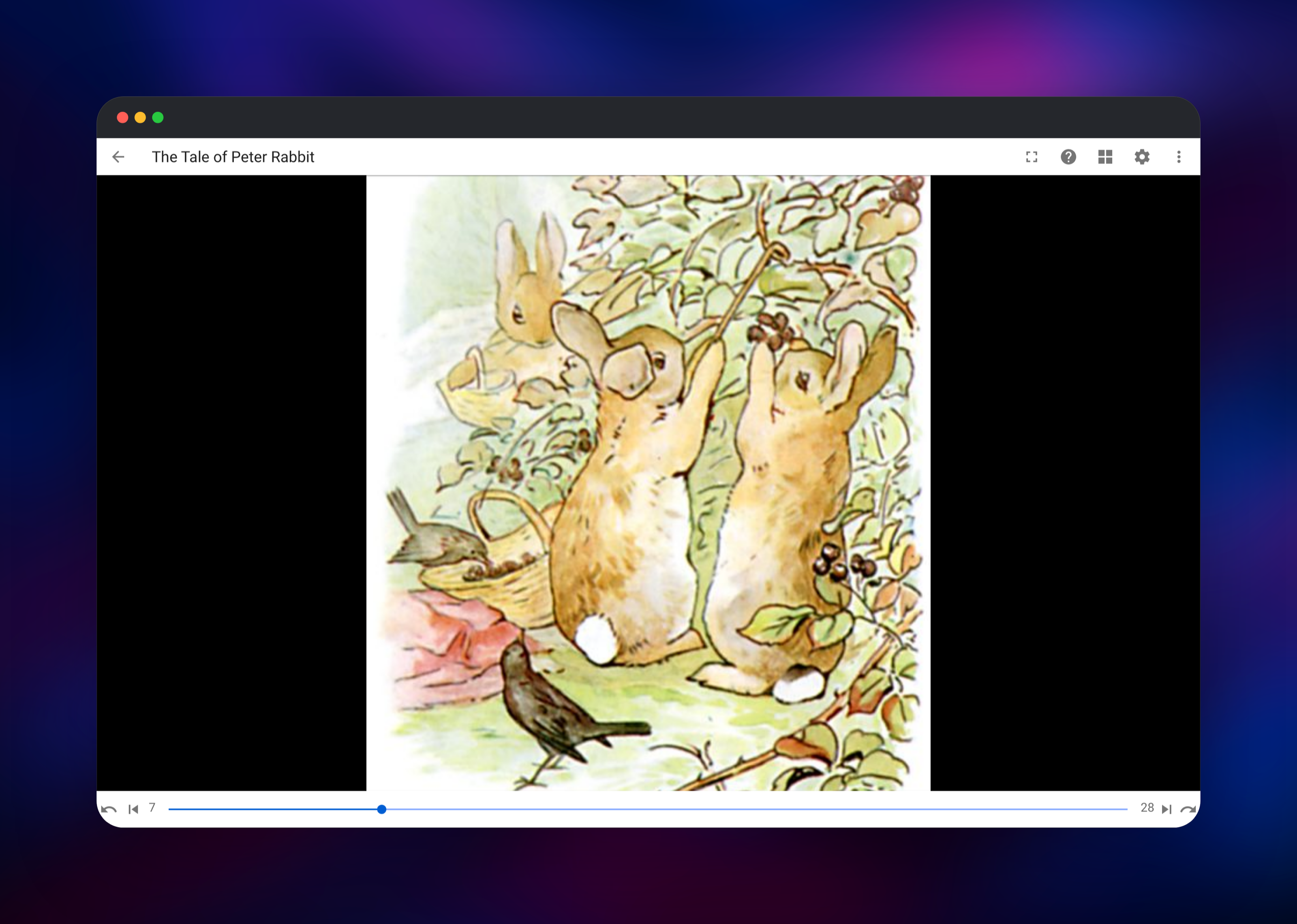 Komga comic reader on page seven of The Tale of Peter Rabbit