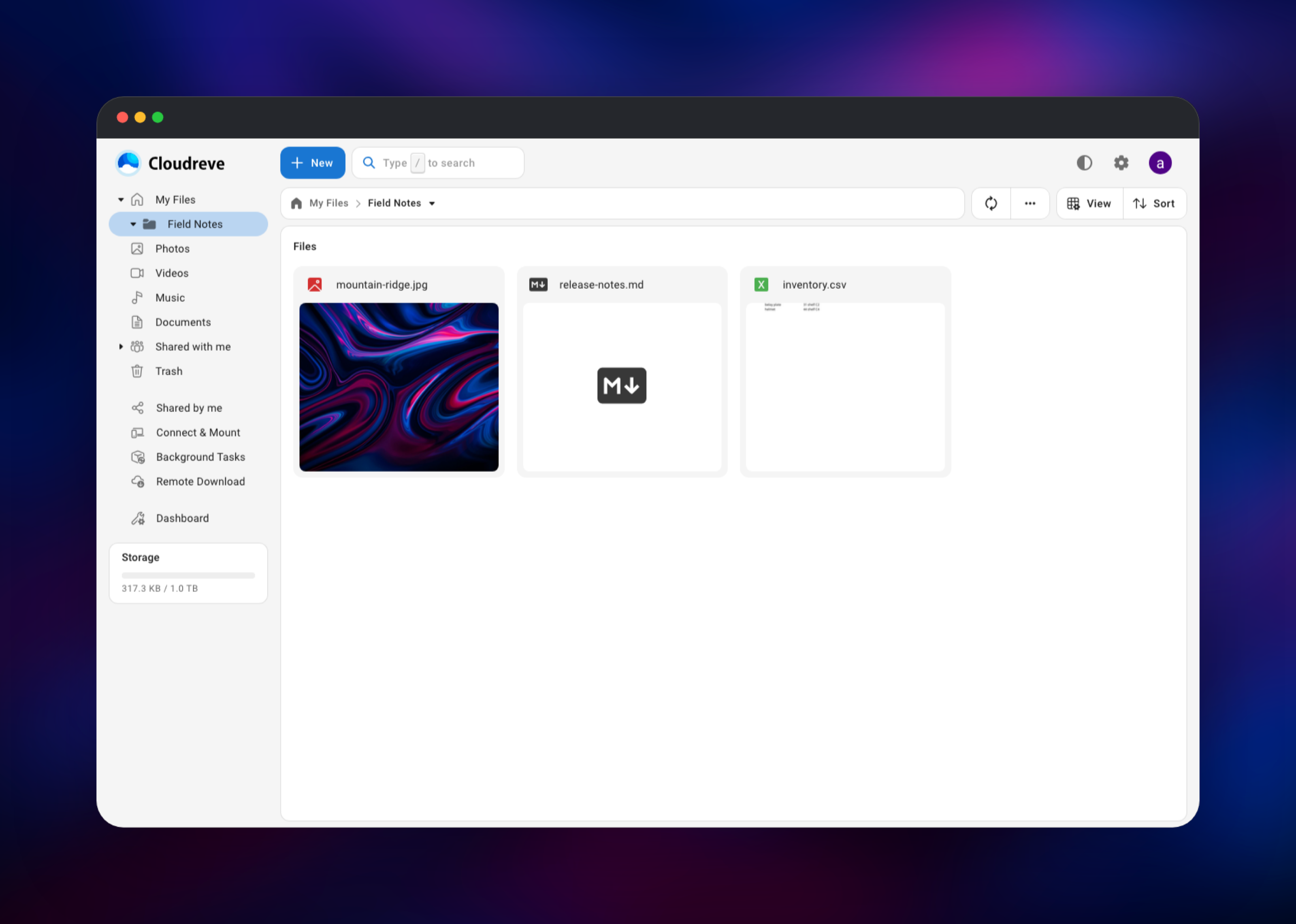 Cloudreve file browser showing a folder of uploaded files