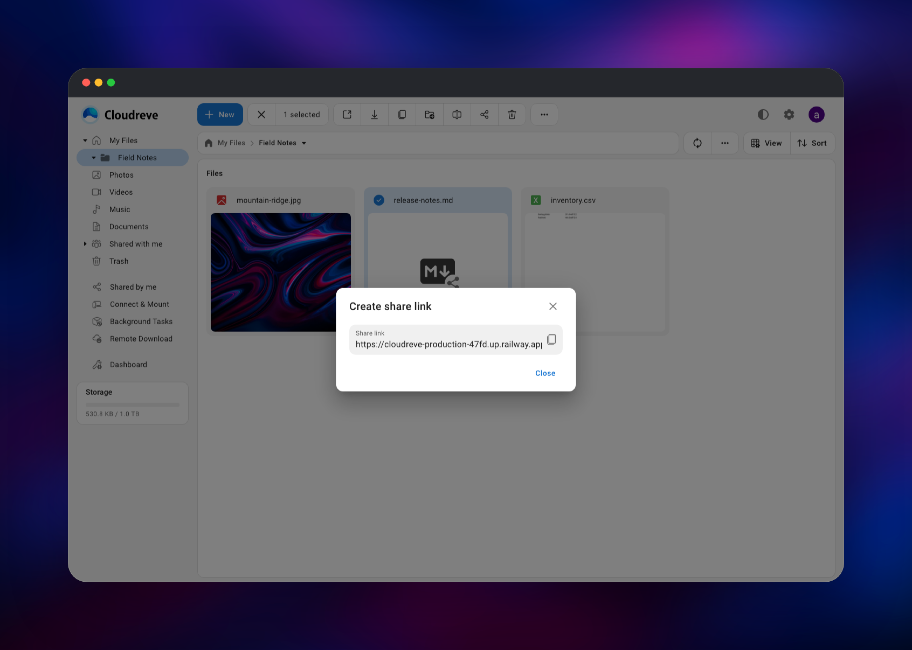 Cloudreve share link created for a markdown file