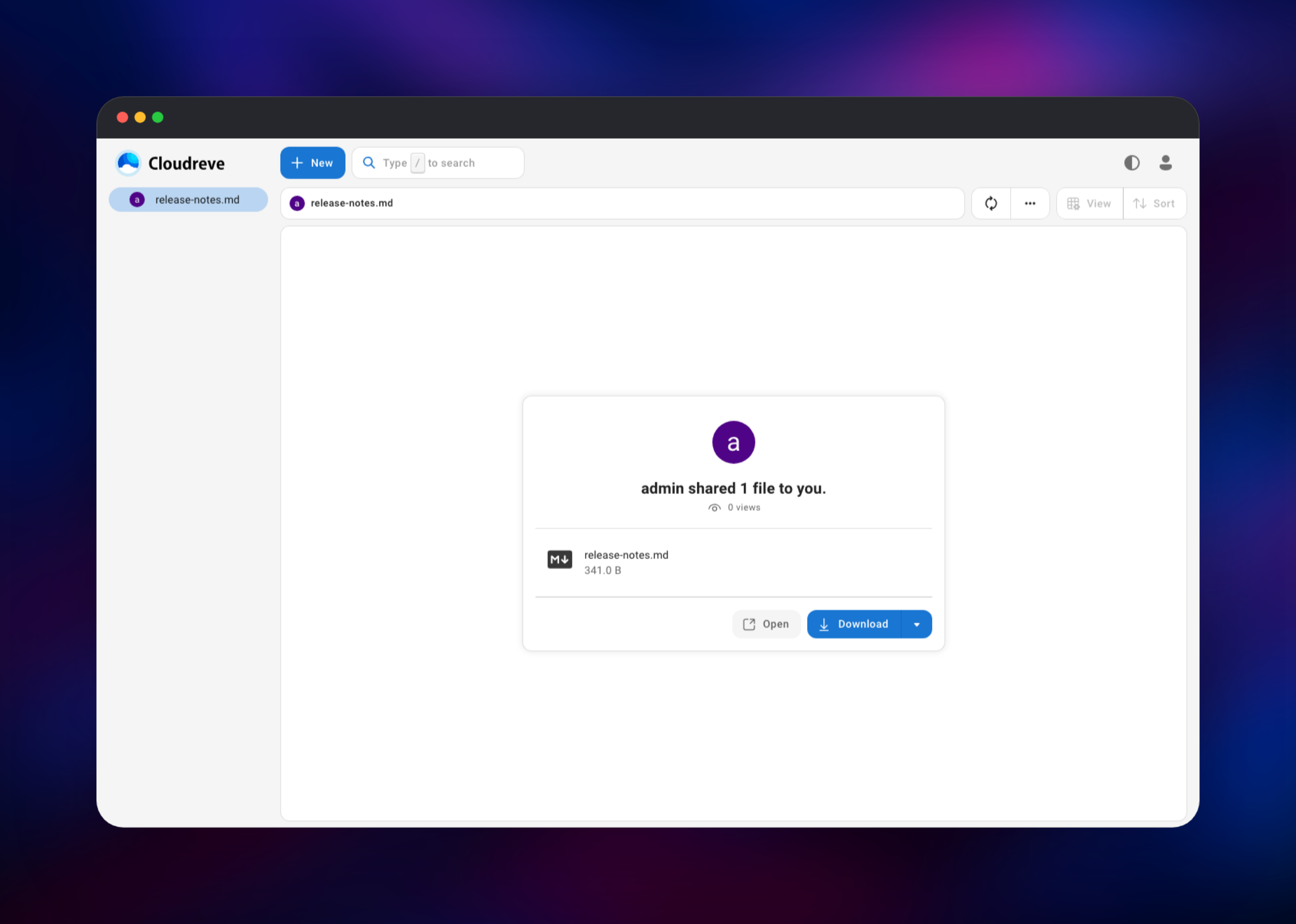 Public Cloudreve share page offering the file for download