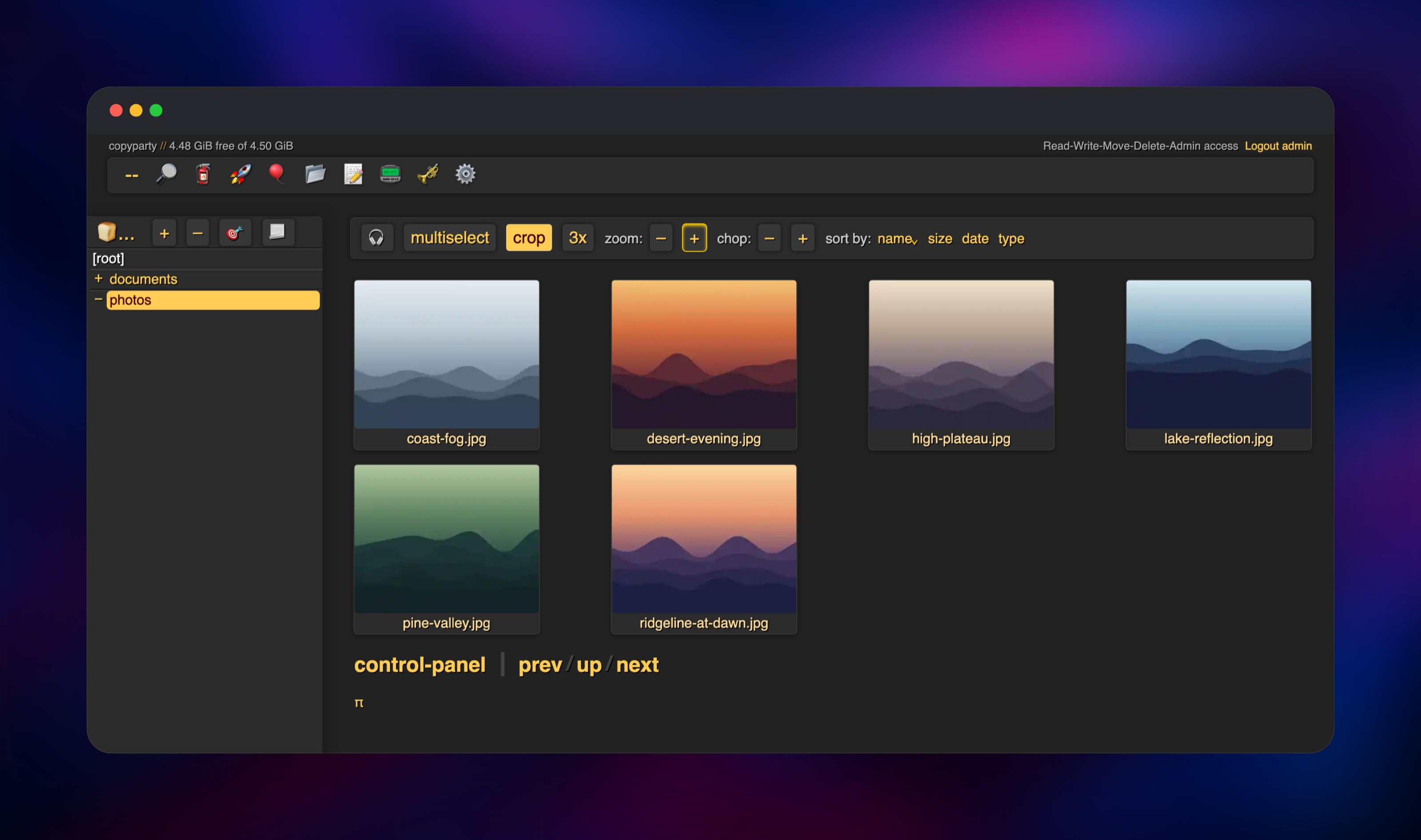 copyparty grid view showing six landscape images as thumbnails