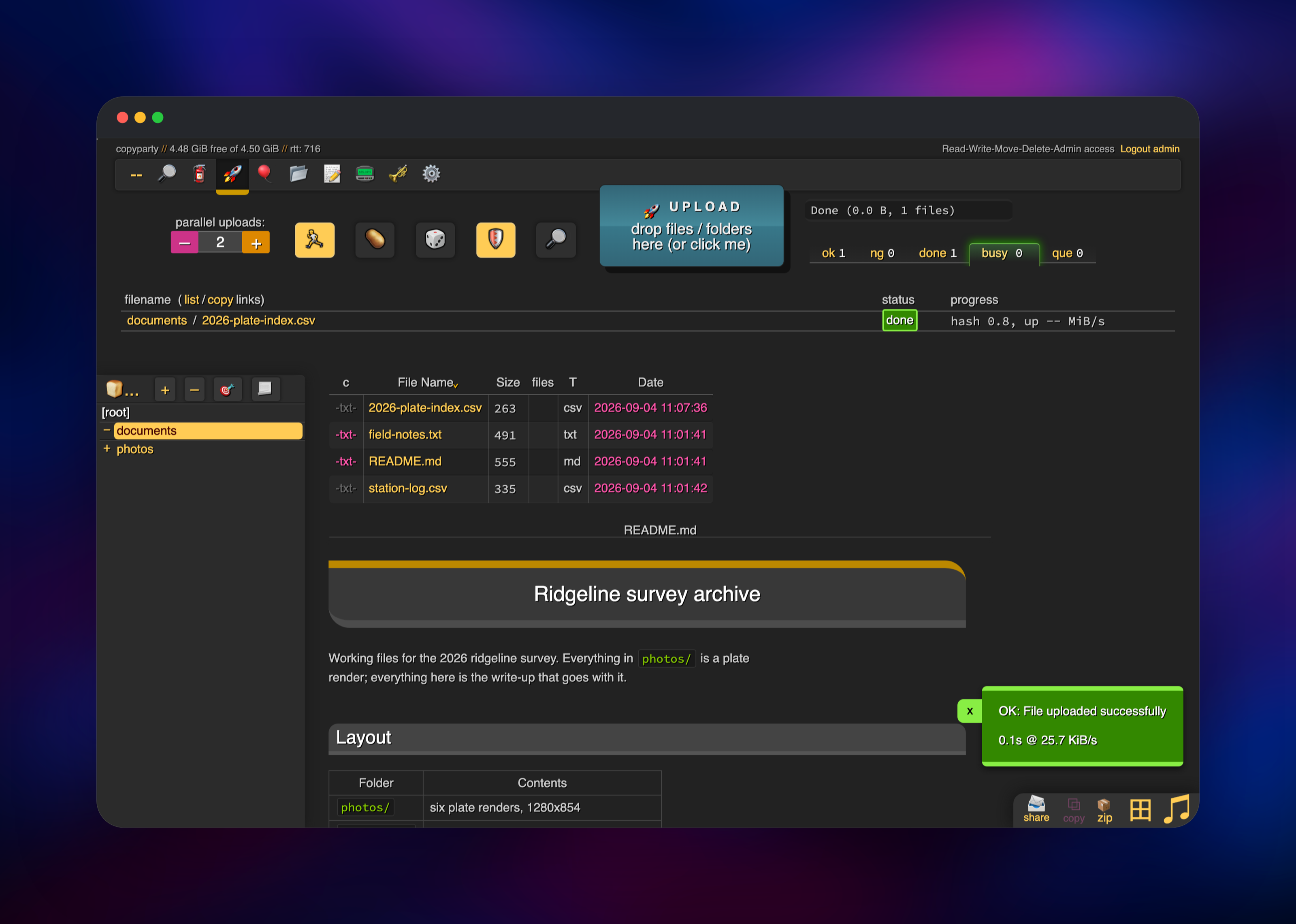 copyparty upload panel reporting one finished file beside a rendered README
