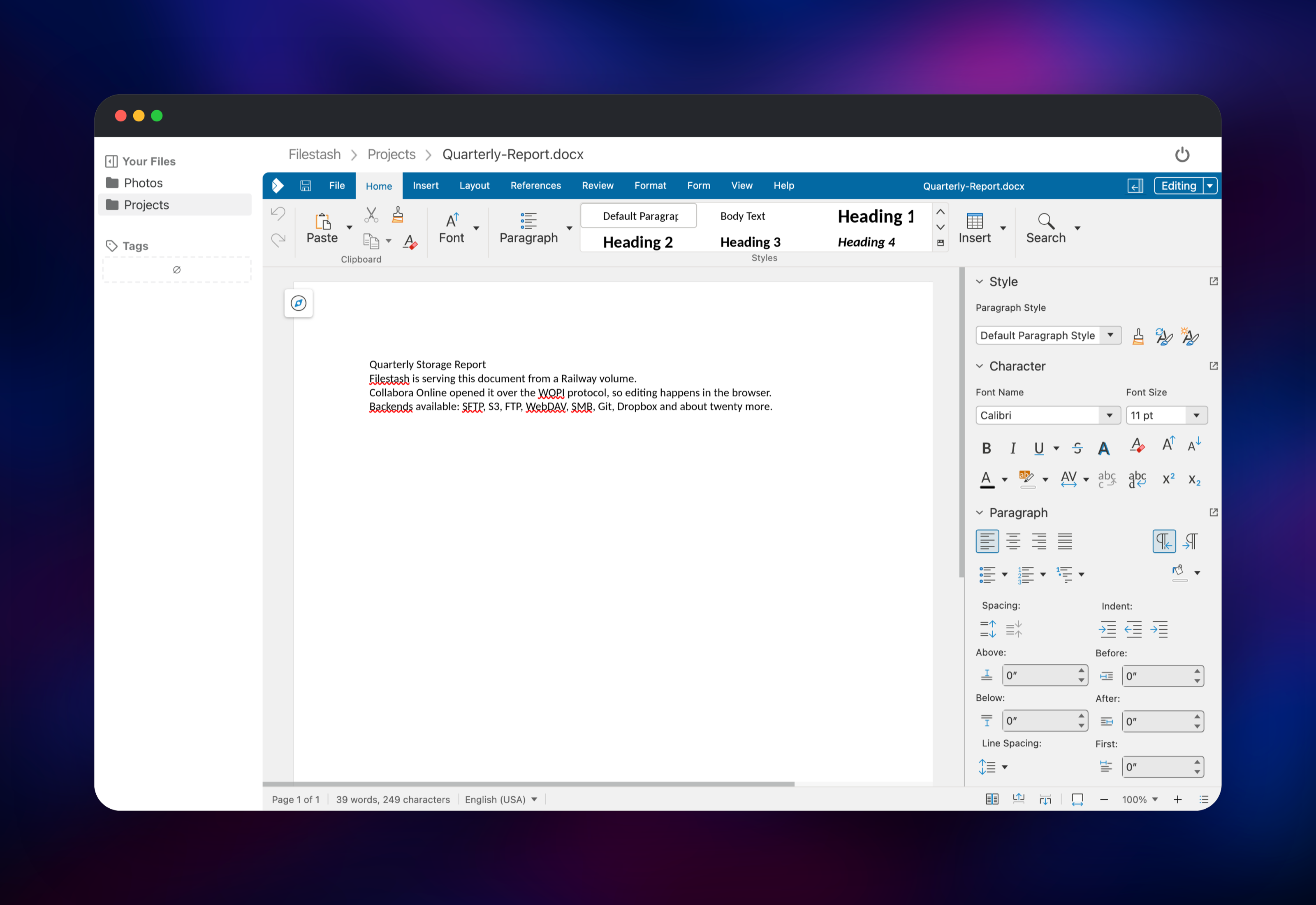 Editing a Word document inside Filestash with Collabora Online
