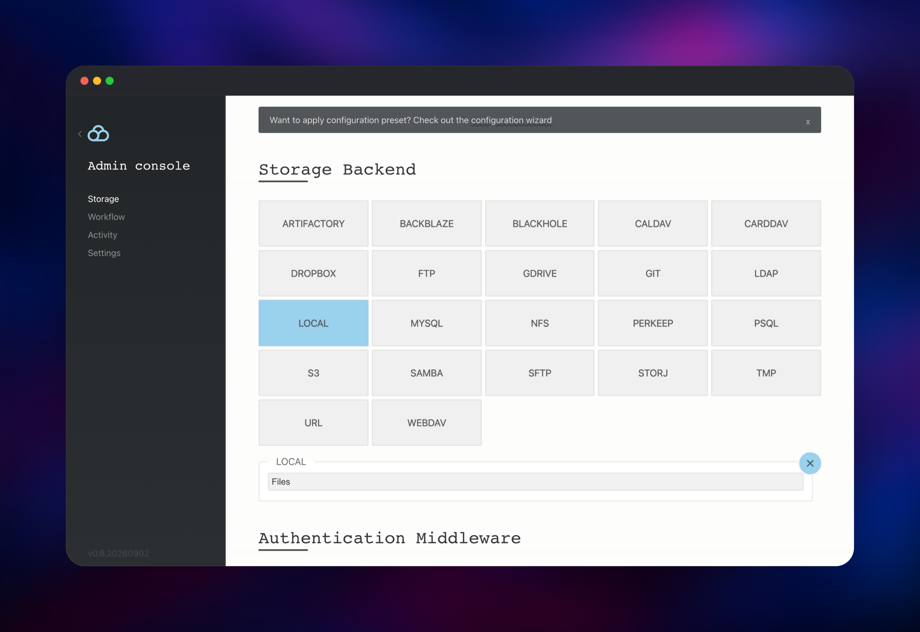 Filestash admin console showing its storage backend choices