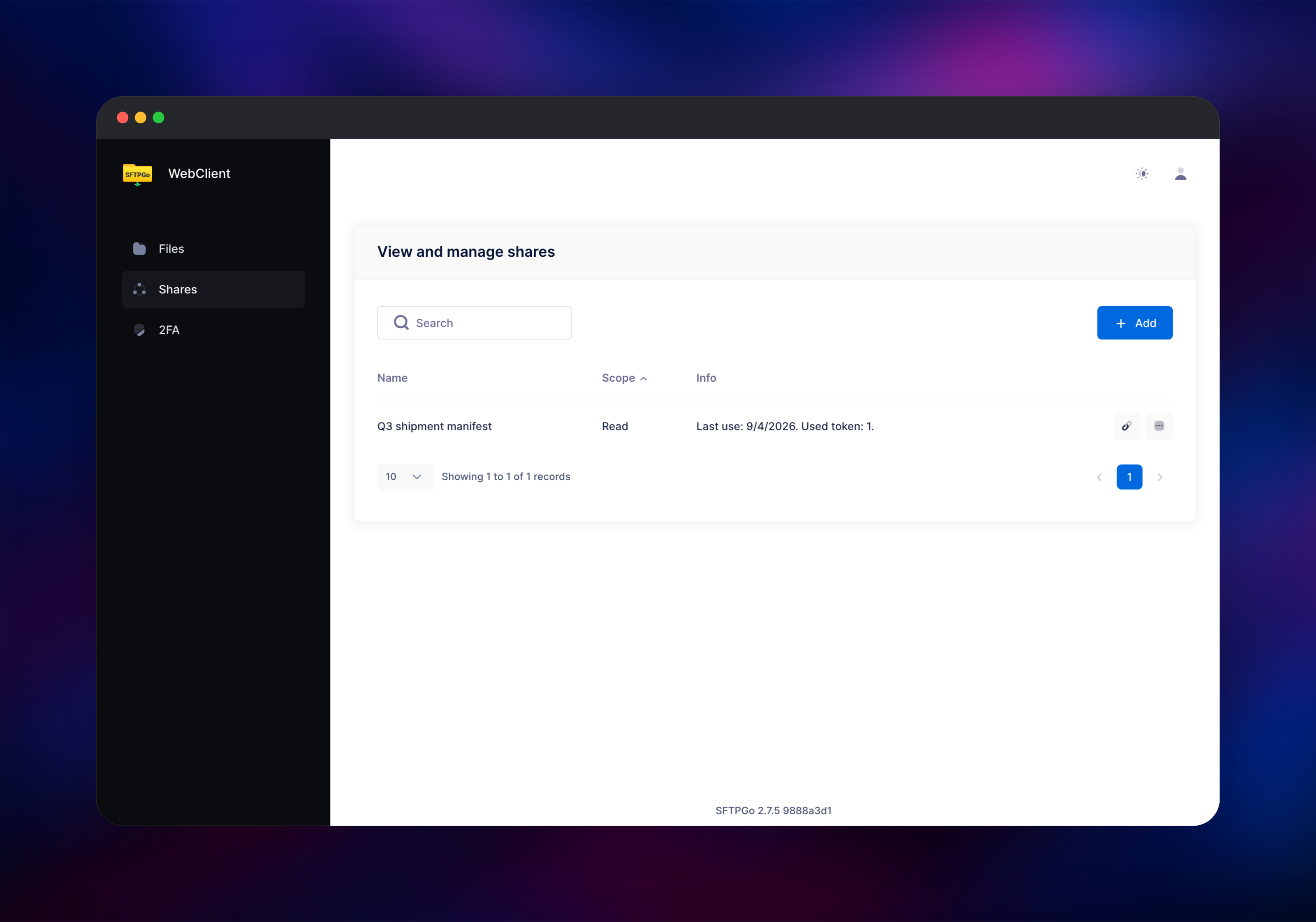 A read-only SFTPGo share link for a shipment manifest