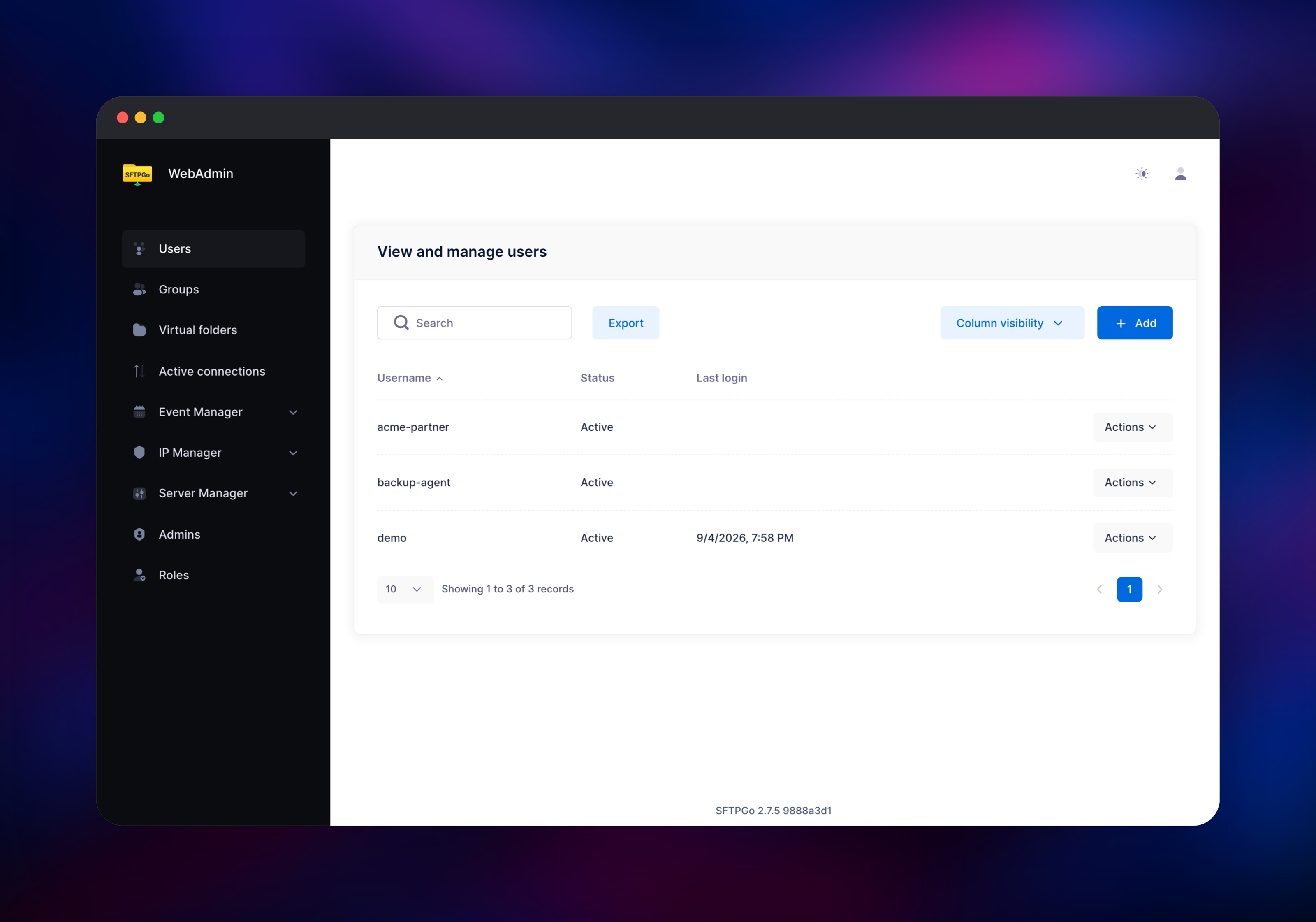 SFTPGo admin listing three file transfer accounts