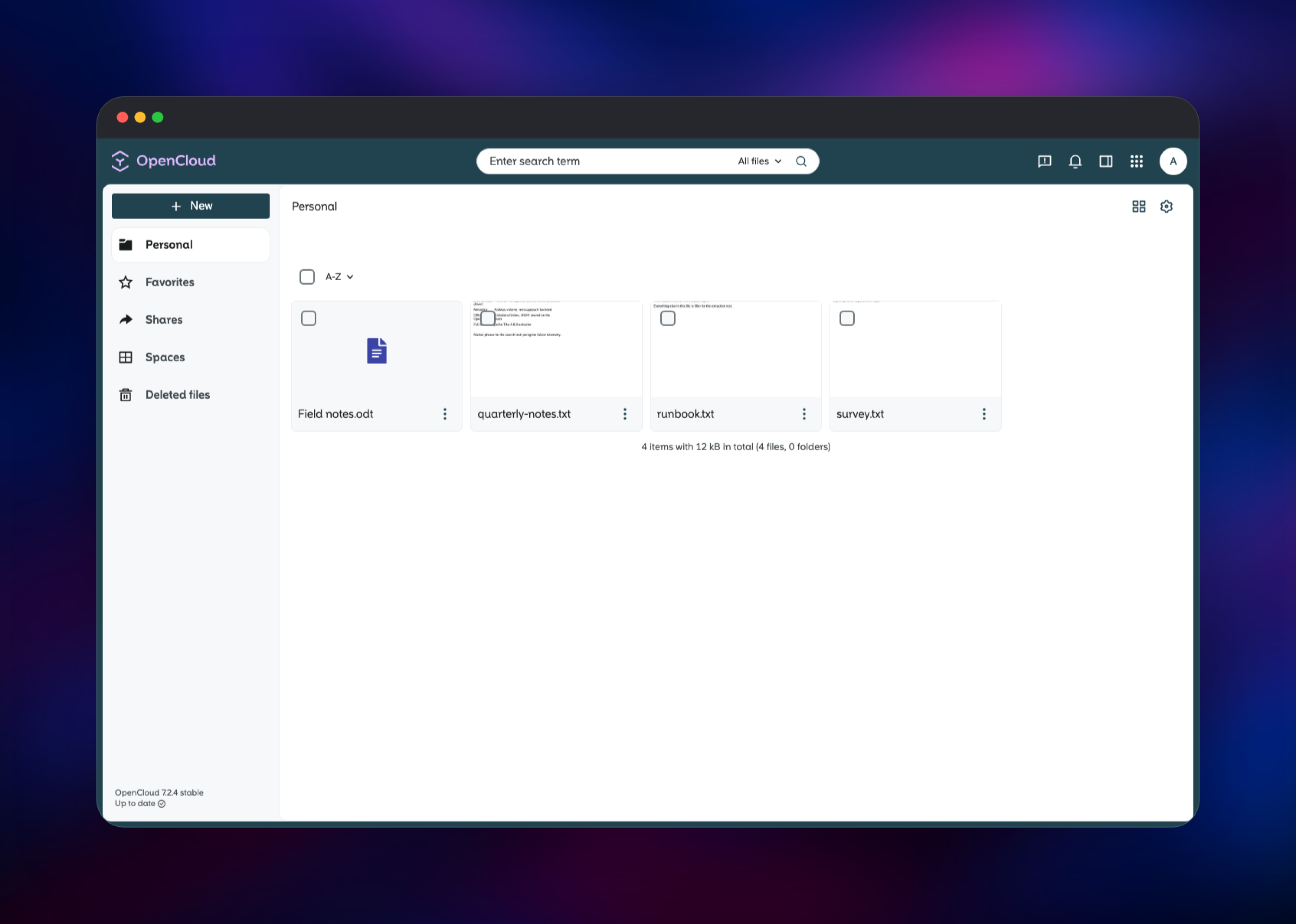 OpenCloud personal space listing four uploaded files as tiles