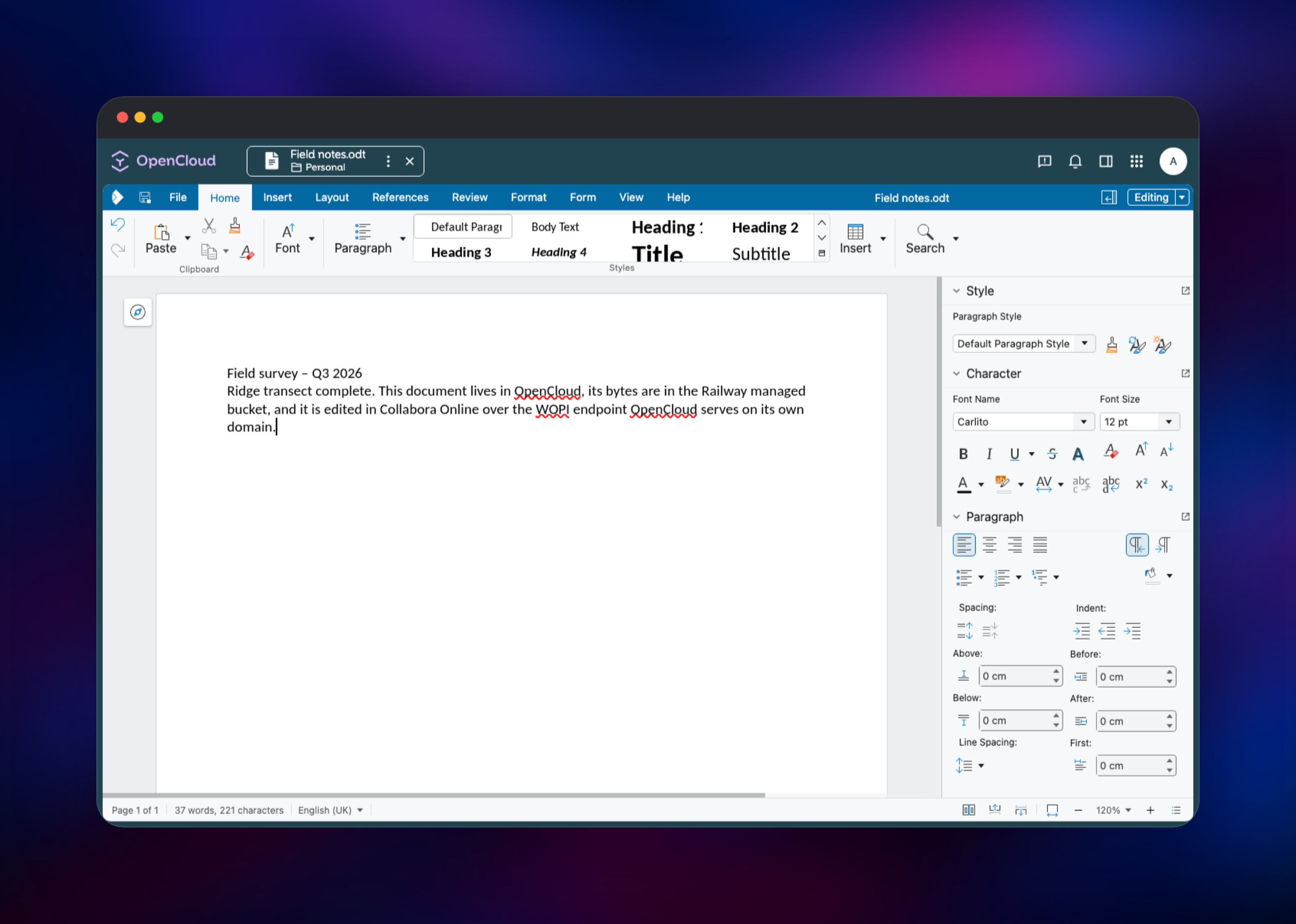 Collabora Online editing an OpenCloud document inside the browser