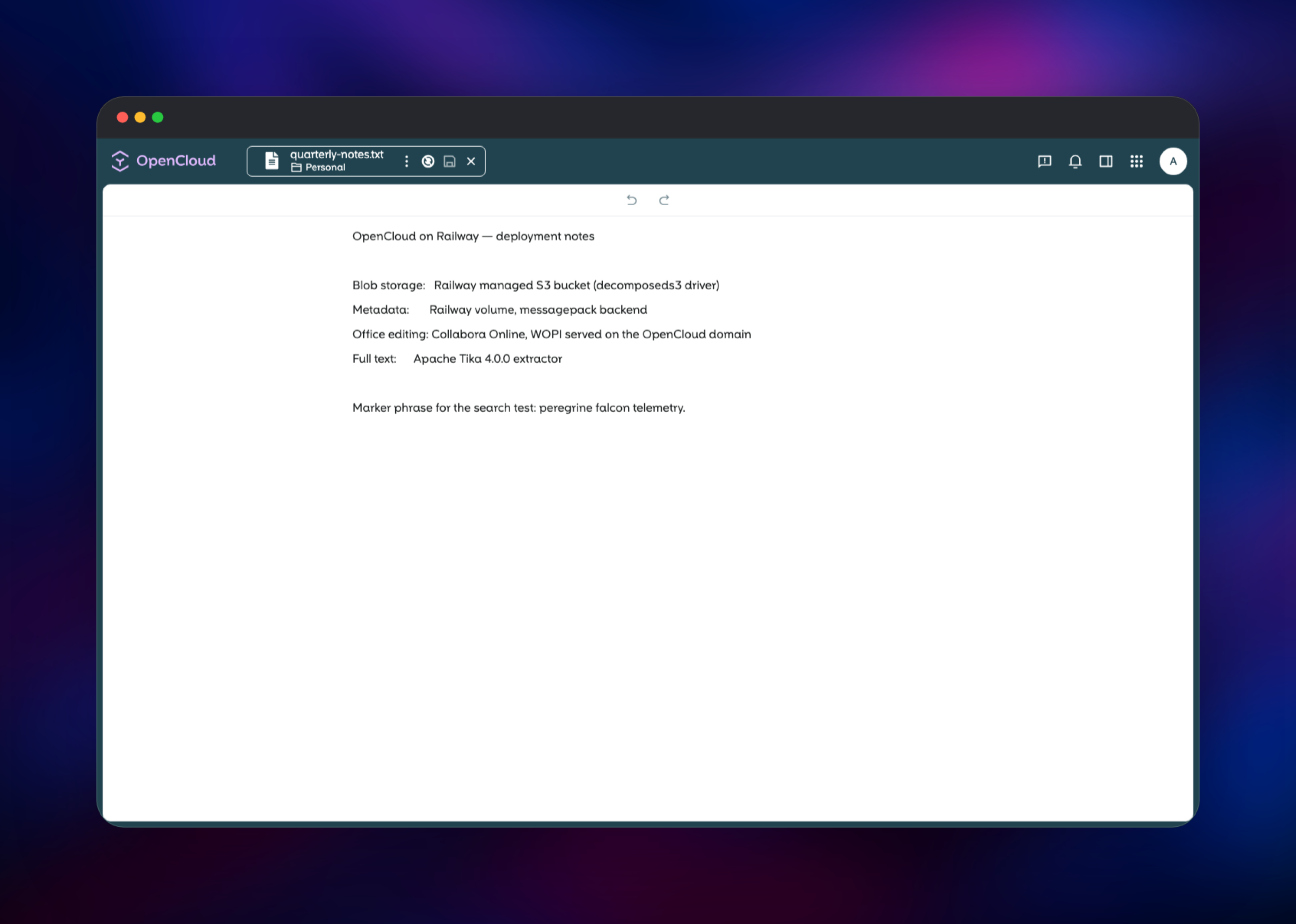 OpenCloud text editor showing a stored file read back from object storage