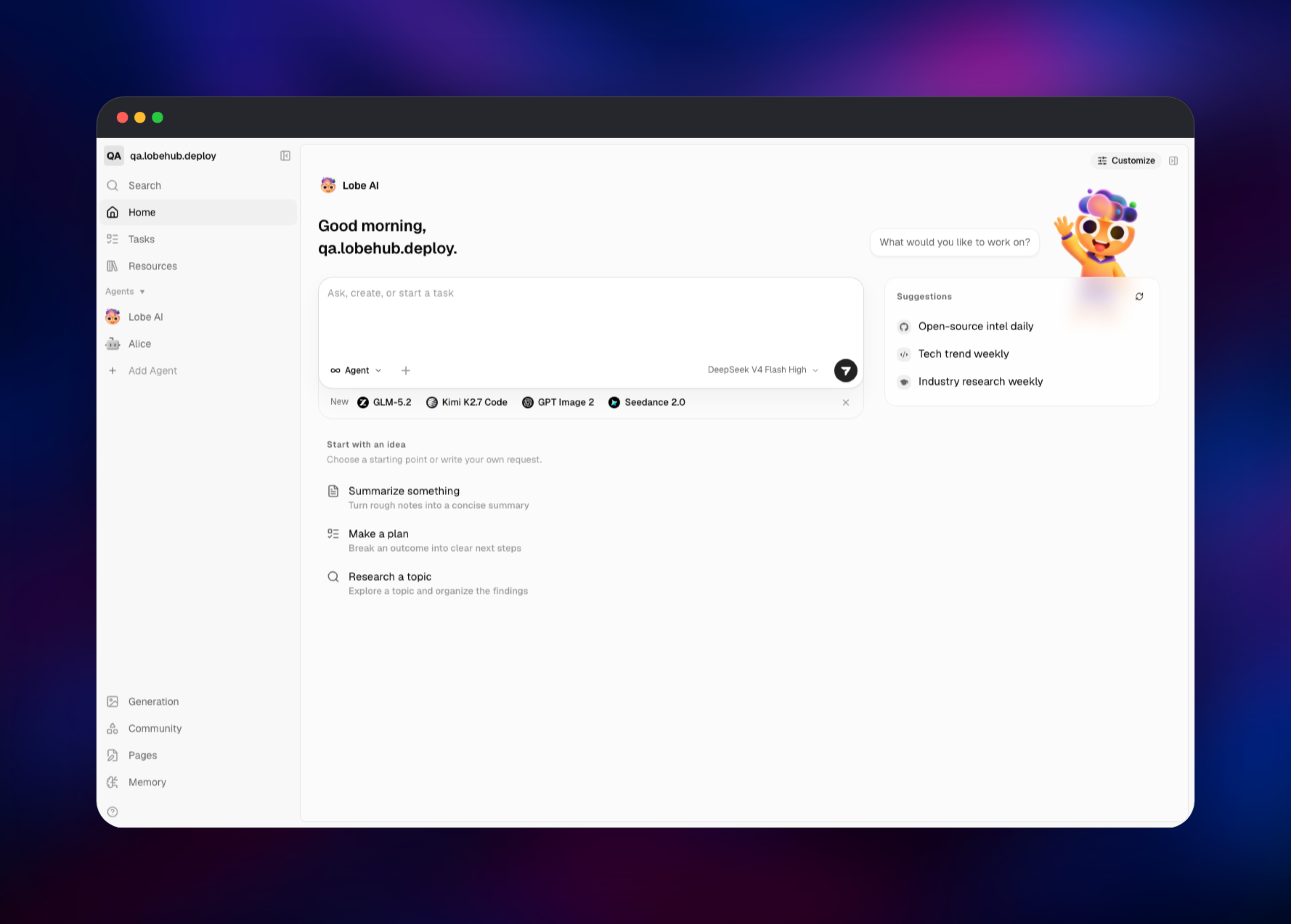 LobeHub home workspace with the task composer and agent sidebar