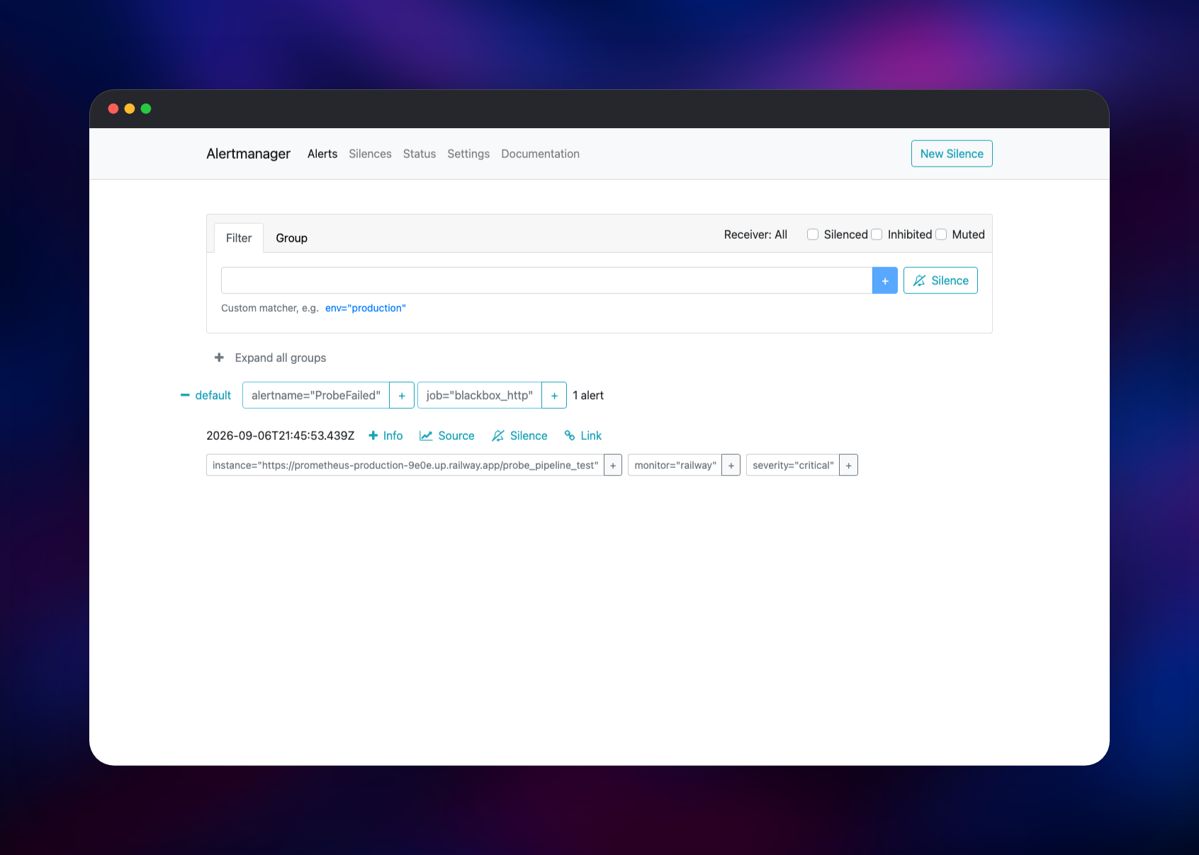 Alertmanager showing a firing ProbeFailed alert with its labels