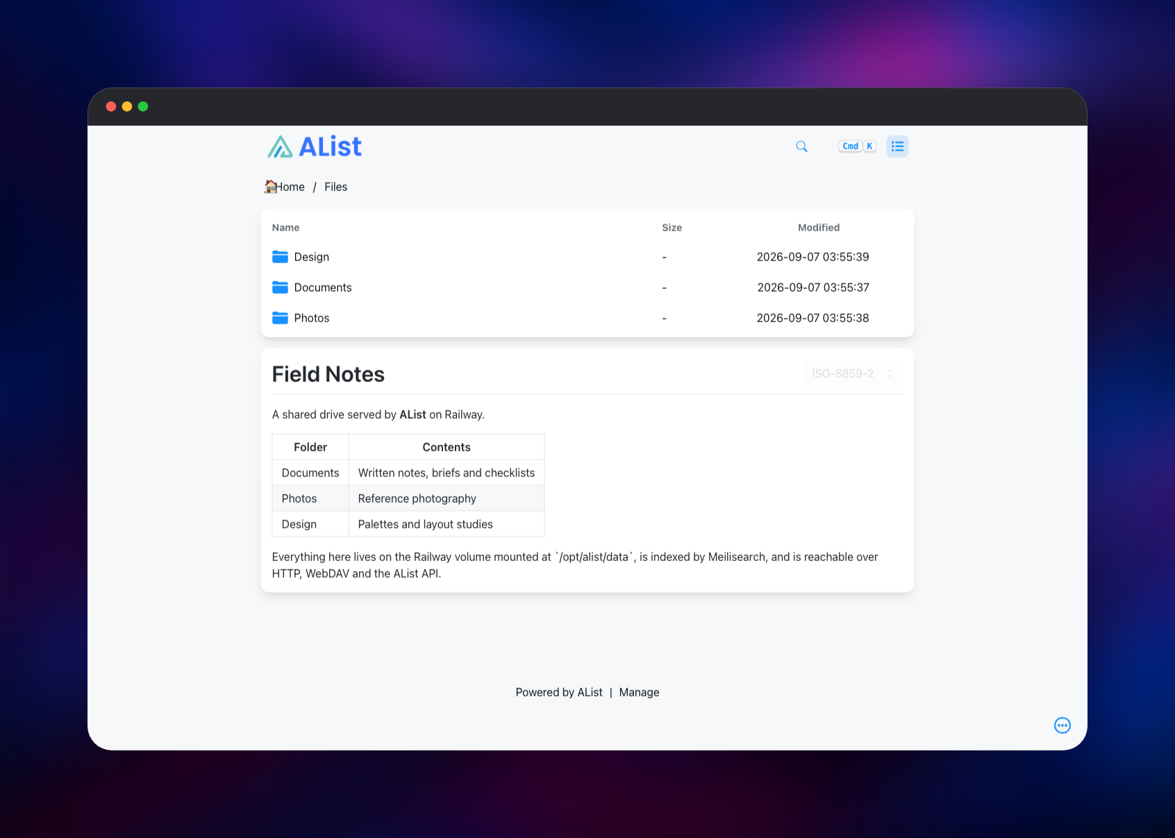 AList listing three folders with a rendered README below