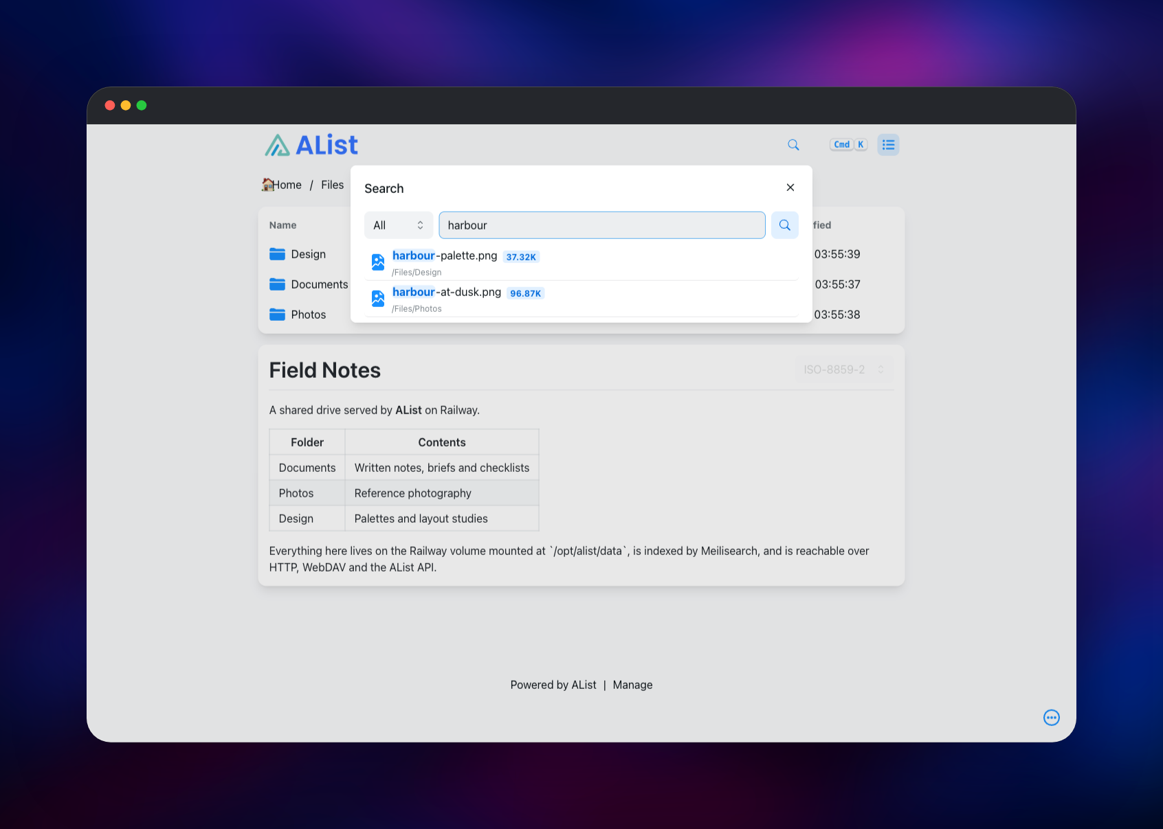 Meilisearch-backed search returning two matching filenames