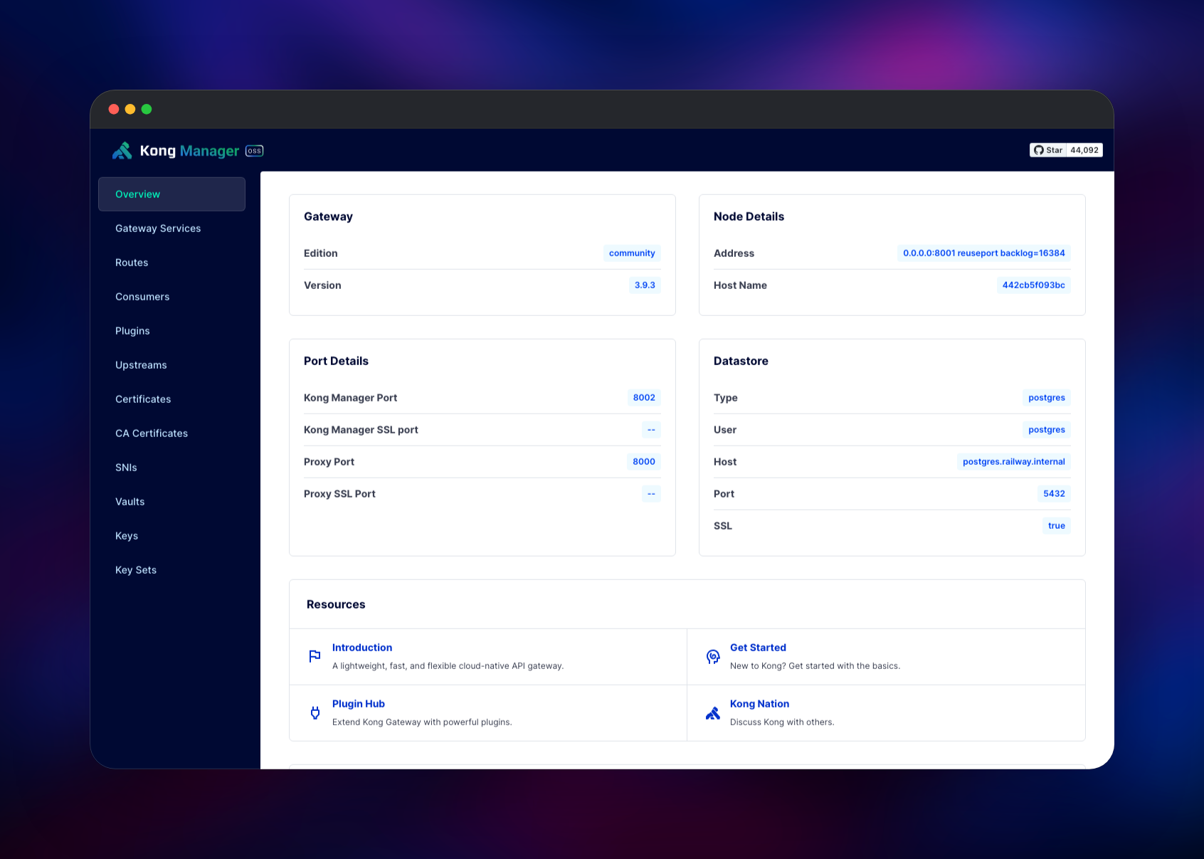 Kong Manager overview reporting version and Postgres datastore