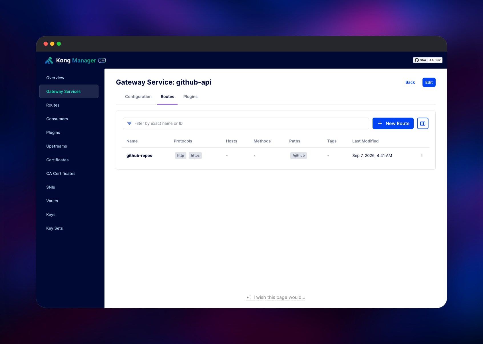 Route on the github-api gateway service matching path /github