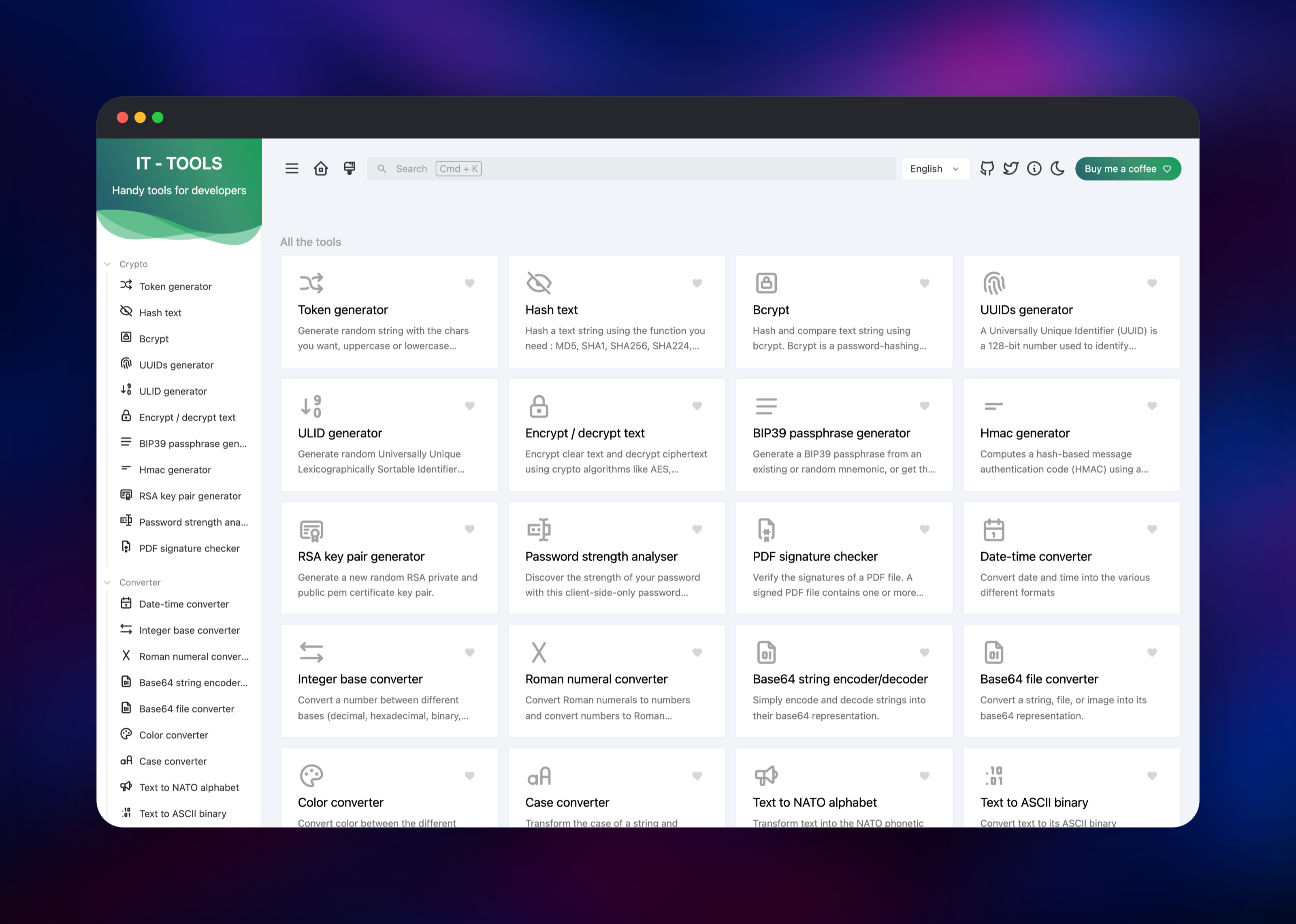 IT Tools home page listing every developer utility