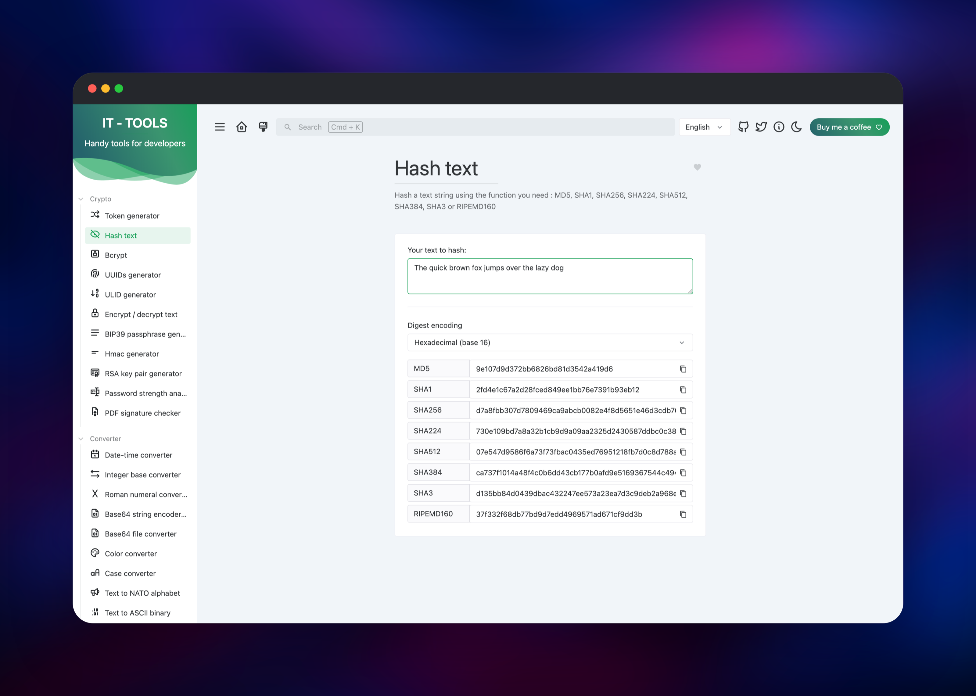 IT Tools hashing a sentence into MD5, SHA and RIPEMD digests