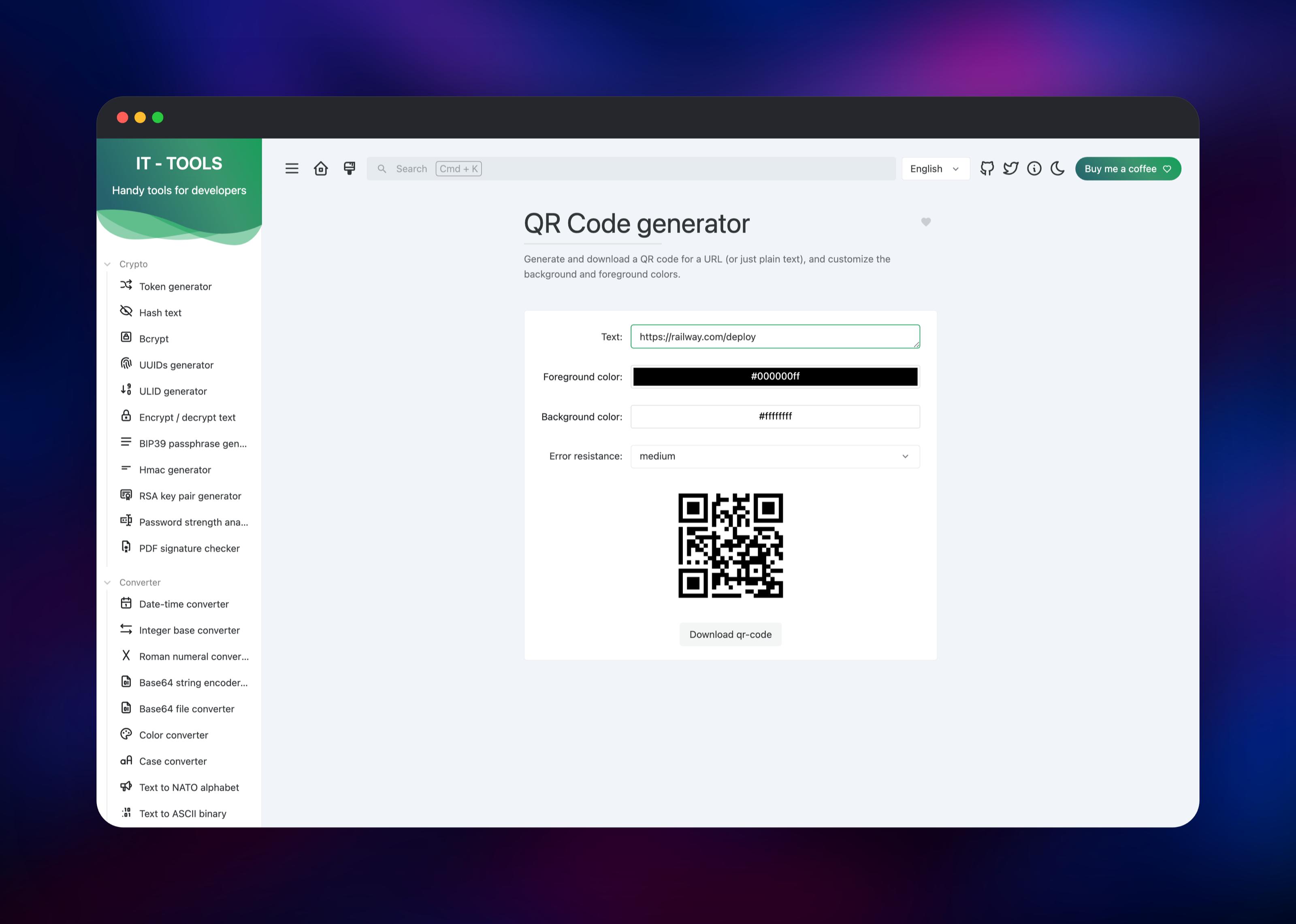 IT Tools rendering a QR code for a pasted URL