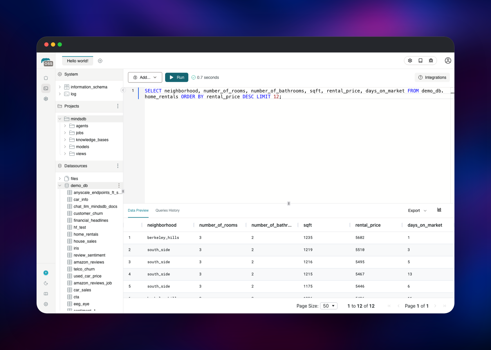 Connected demo datasource expanded beside a rental listings result