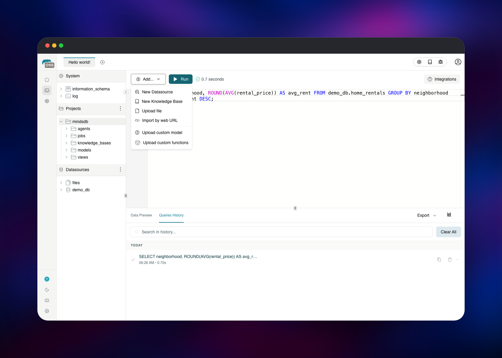 Add resources menu open above the MindsDB query history