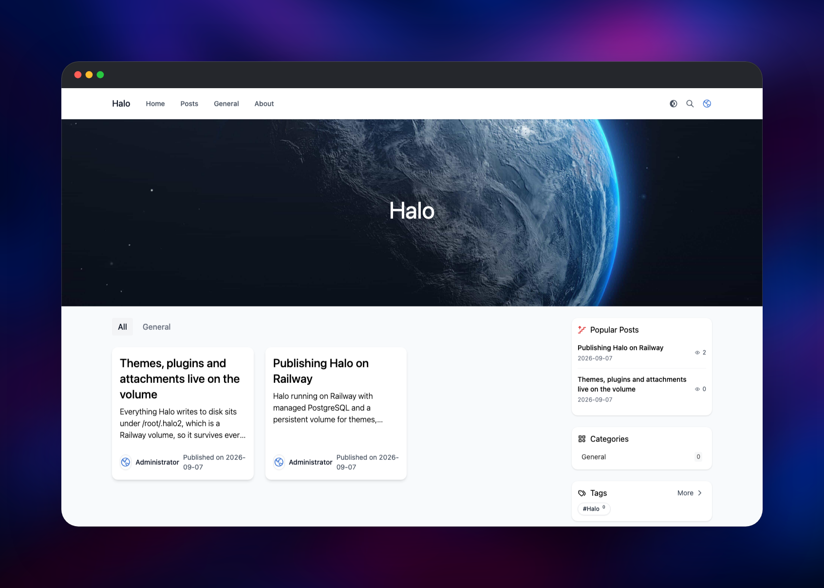 Halo blog home page listing two published posts