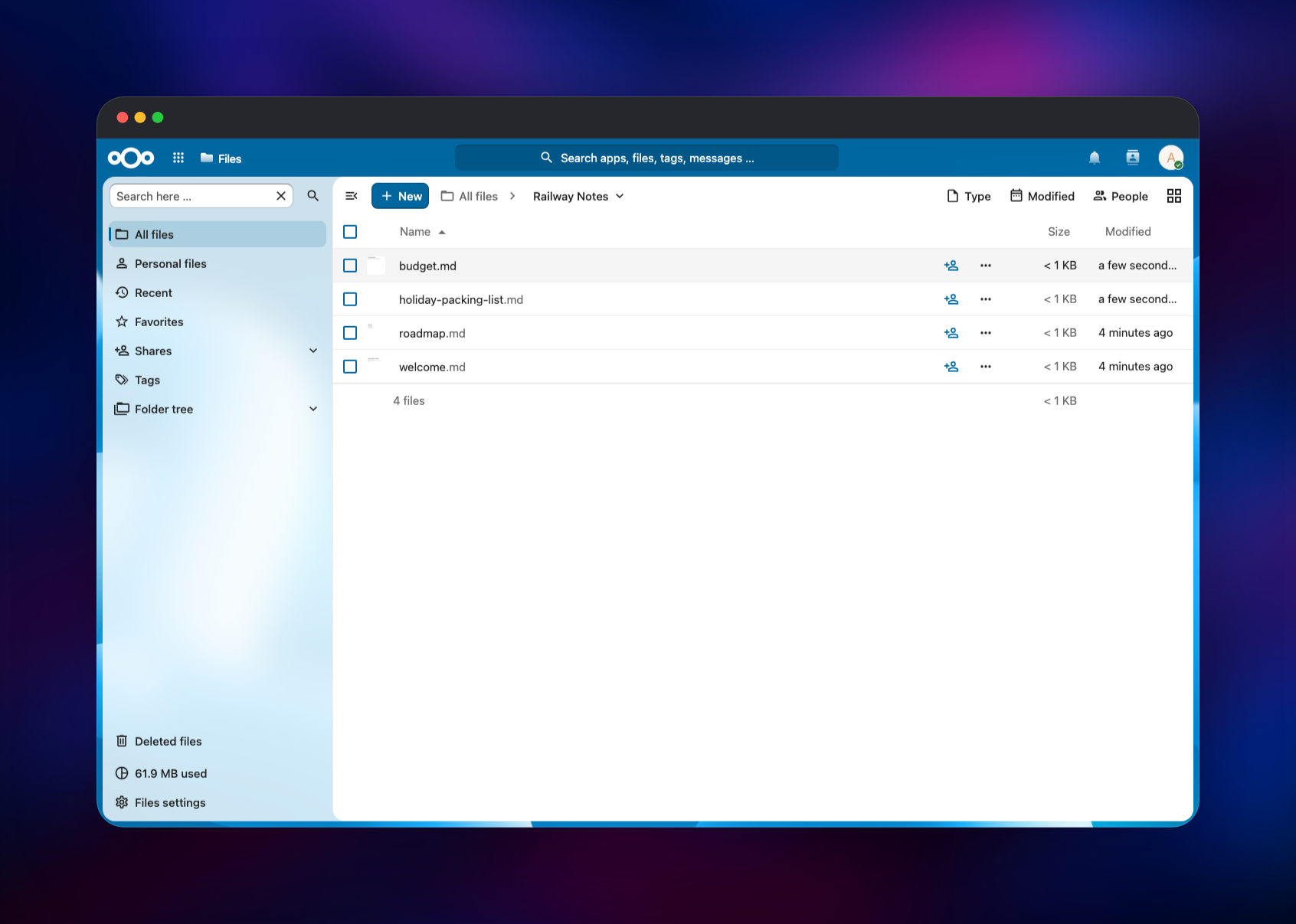 Nextcloud Files listing four markdown notes in a folder