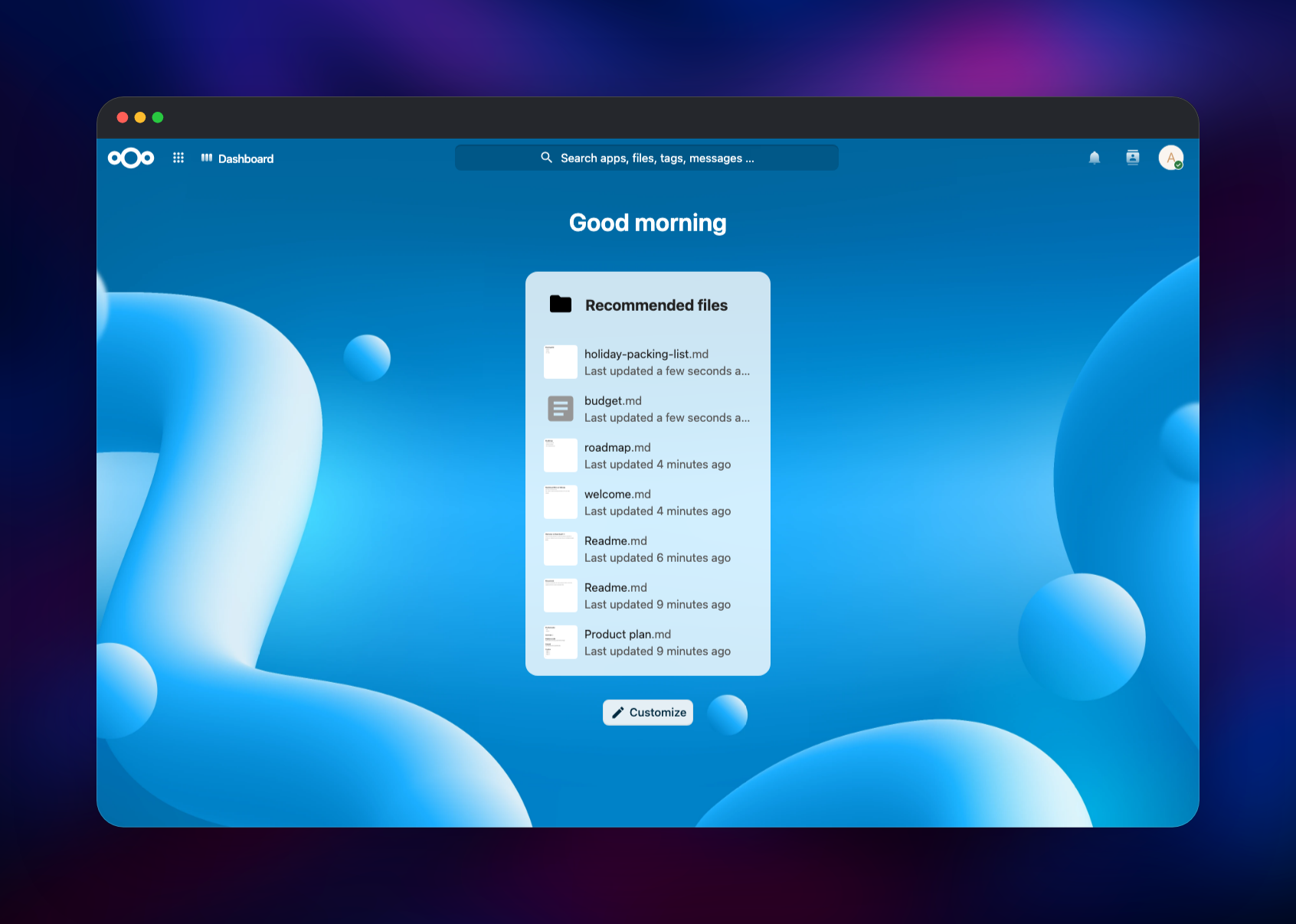 Nextcloud dashboard with the recommended files widget