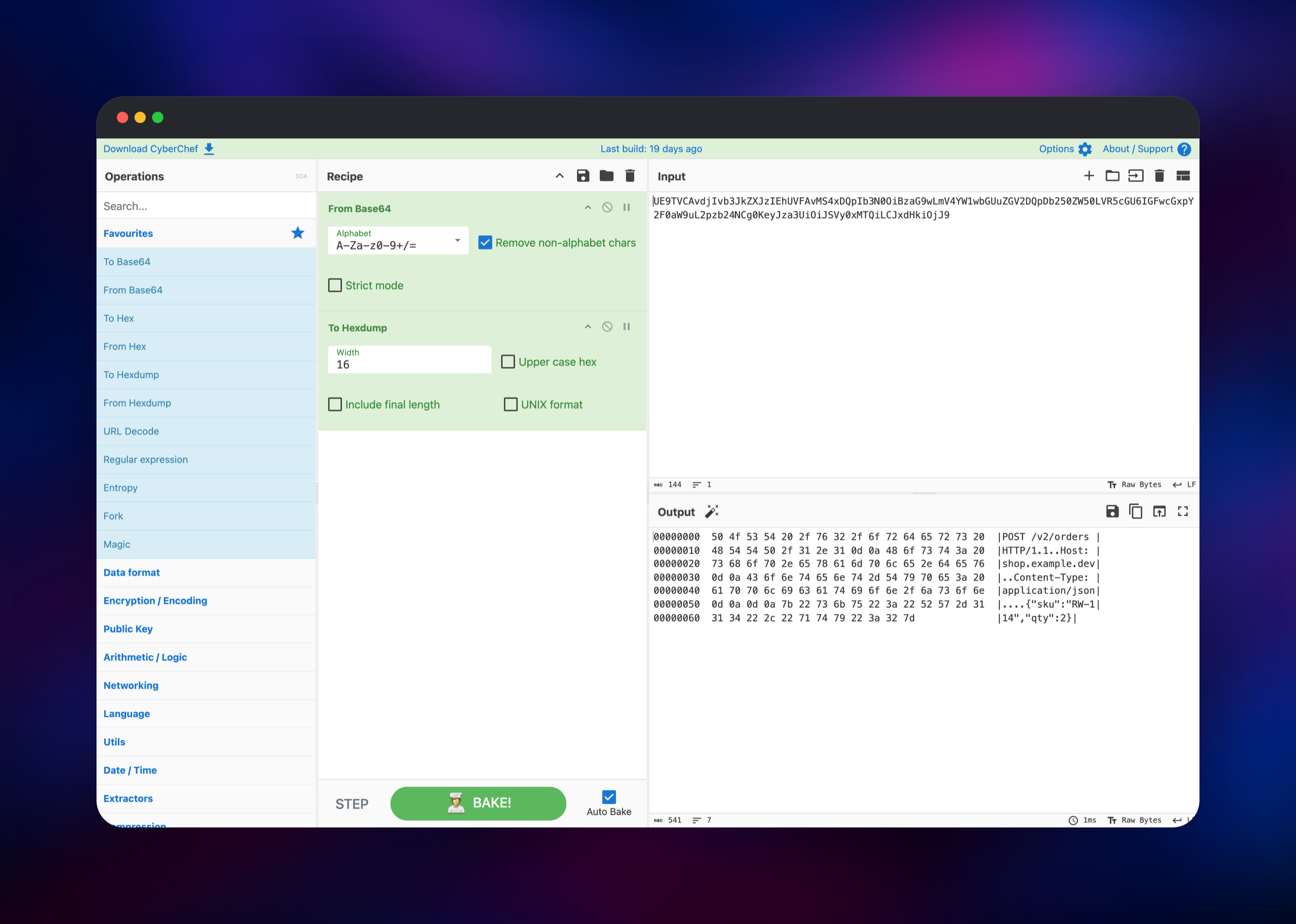 CyberChef decoding Base64 into a hexdump of an HTTP request