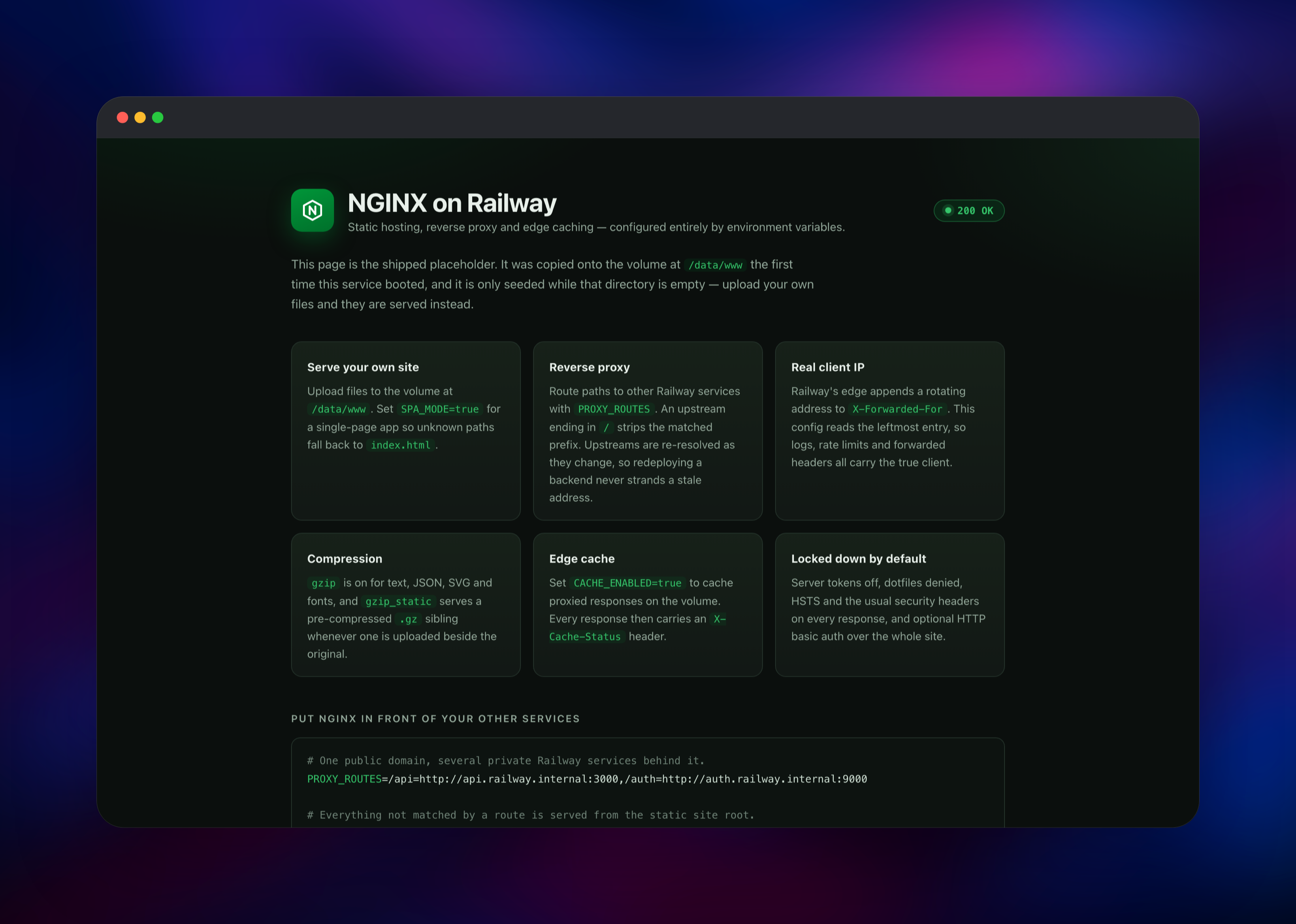 NGINX landing page listing static hosting and proxy settings