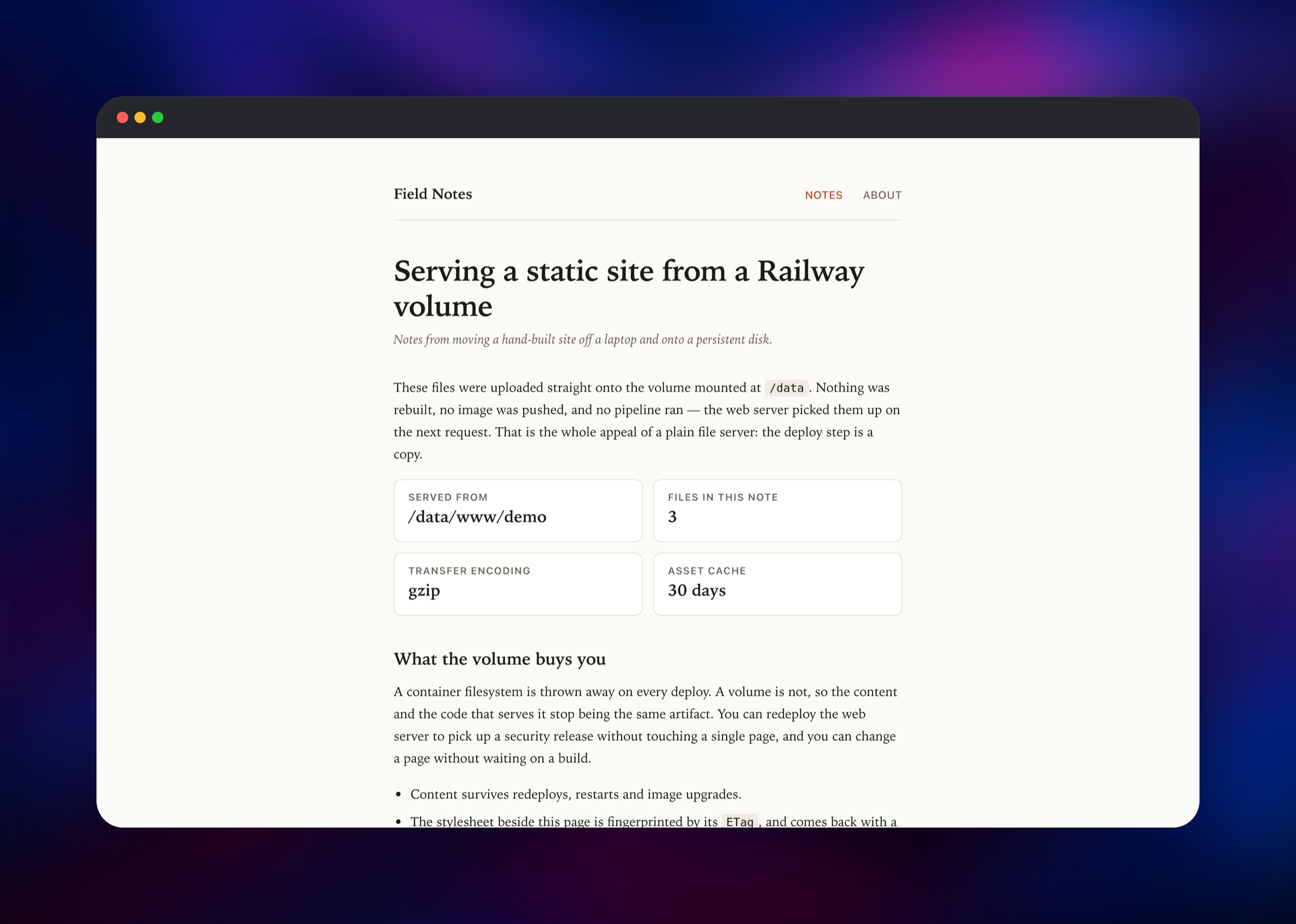 A custom static site served by NGINX from the Railway volume