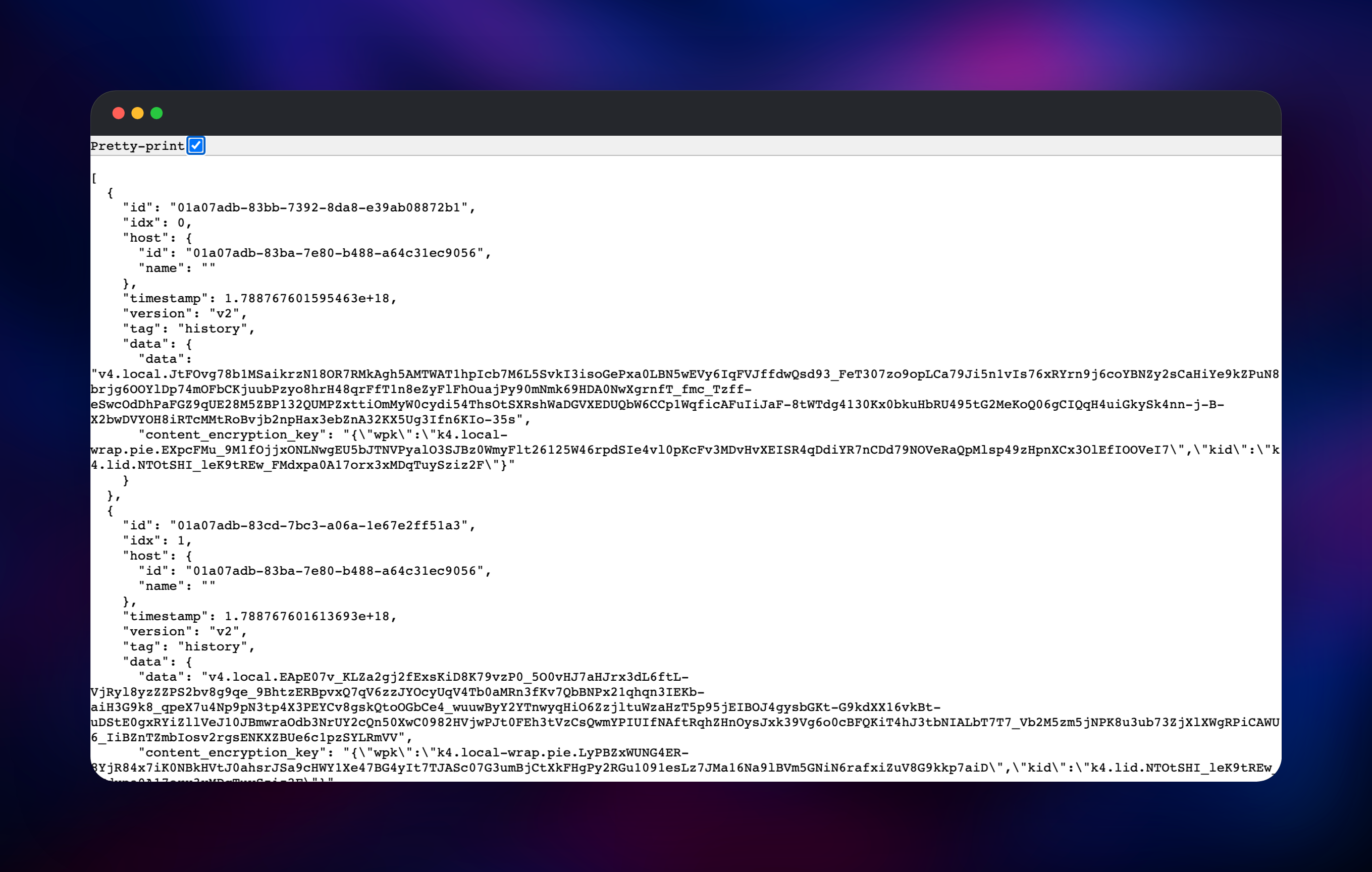 Encrypted PASETO history records stored by the Atuin server