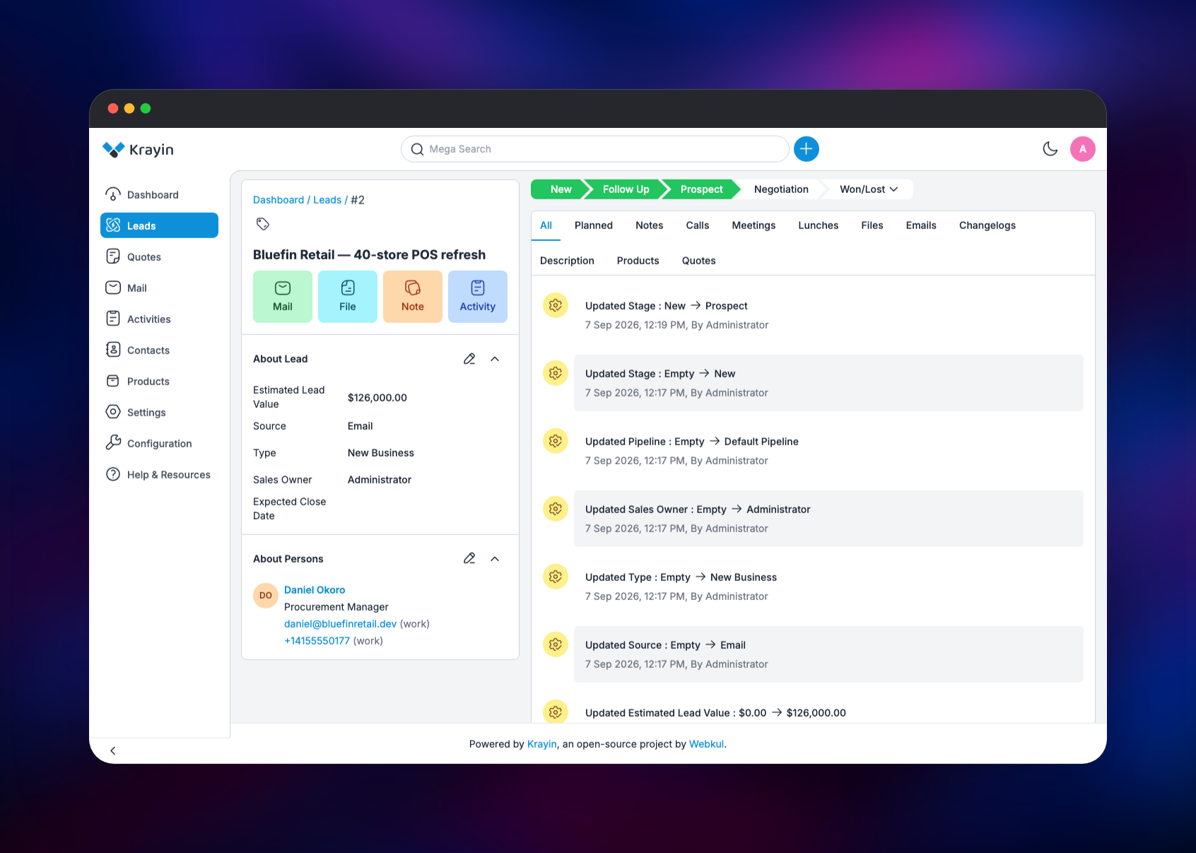 Krayin lead page showing its contact and stage changelog