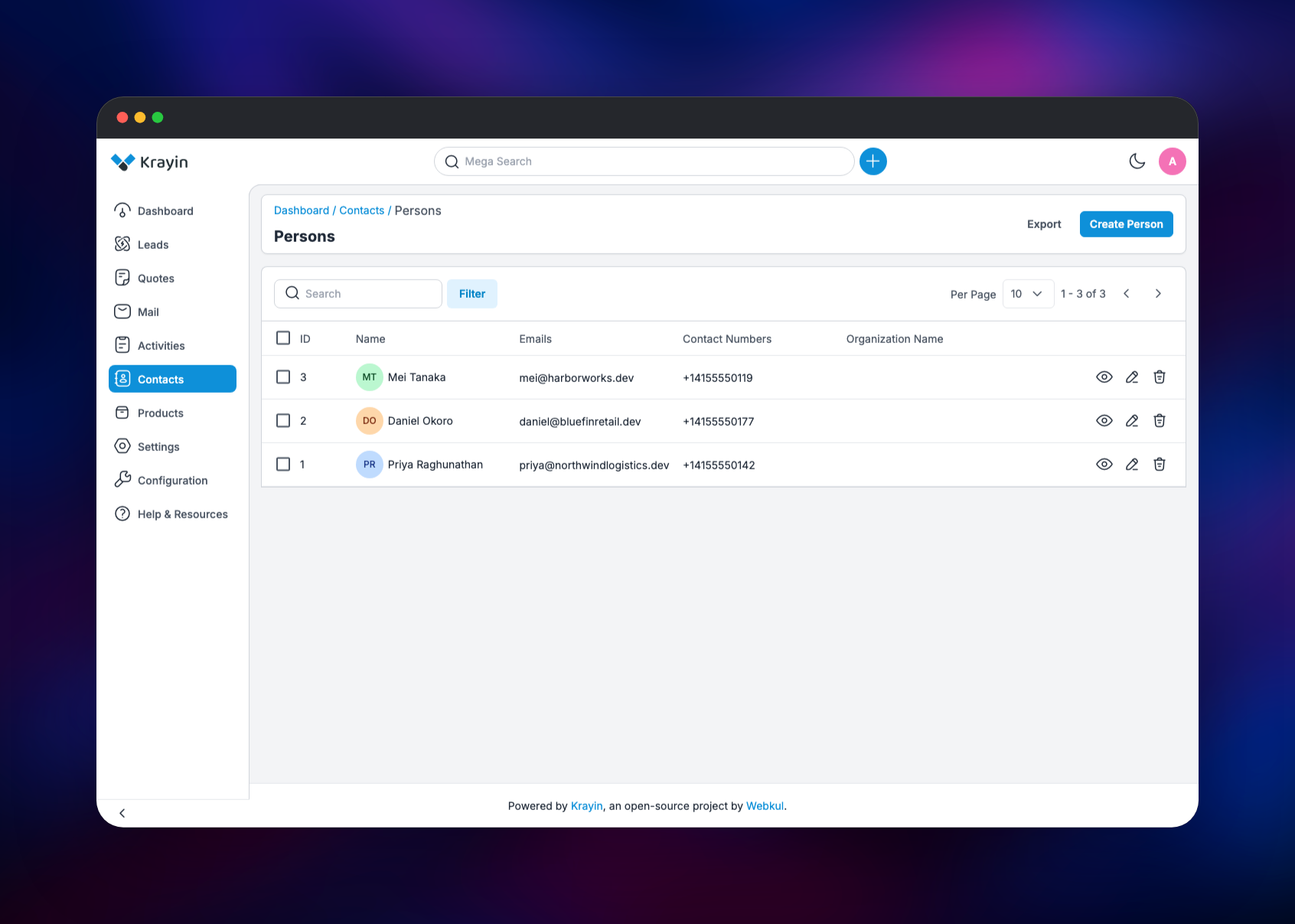 Krayin contacts grid listing three people with emails