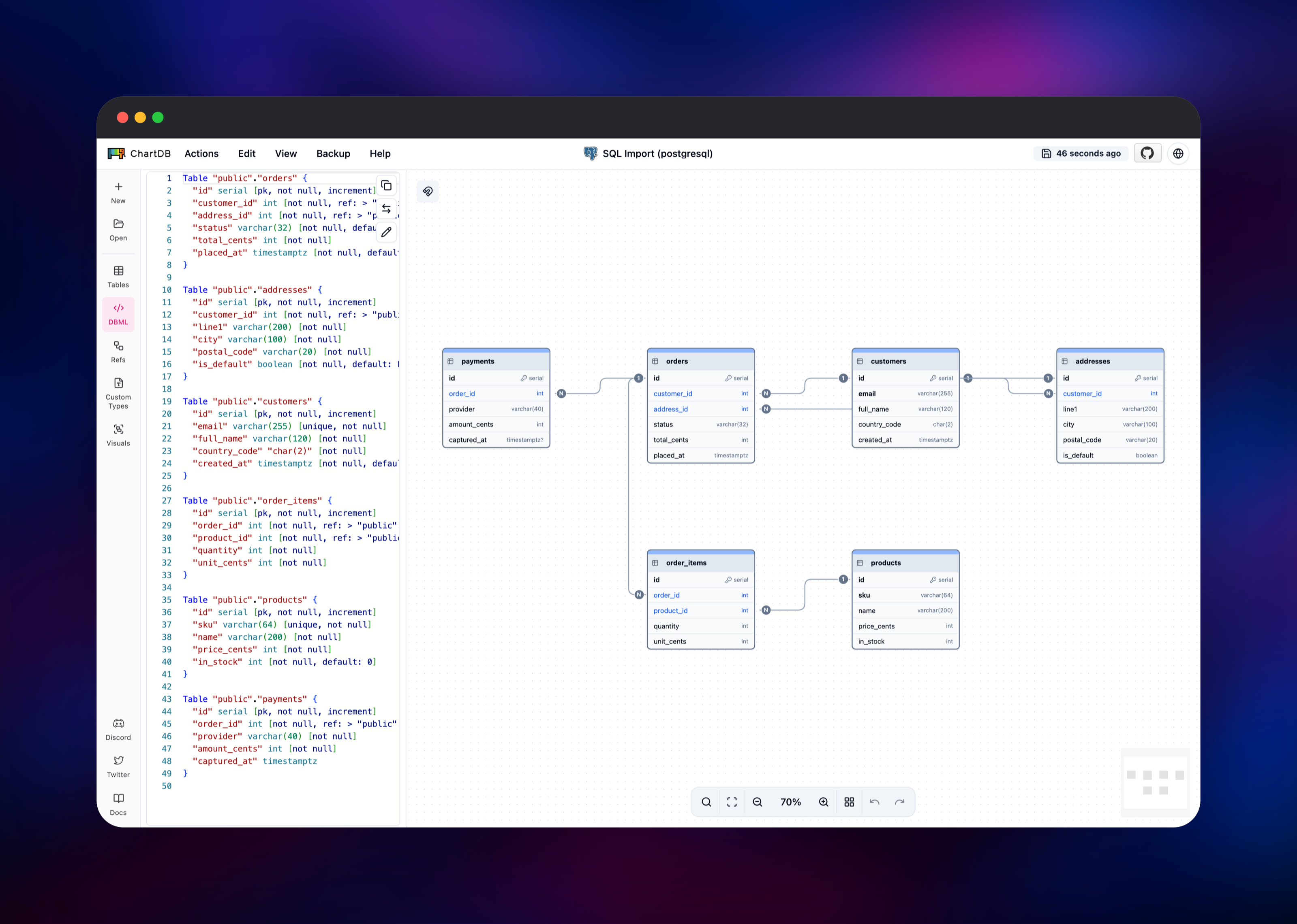 ChartDB DBML editor beside the rendered table diagram