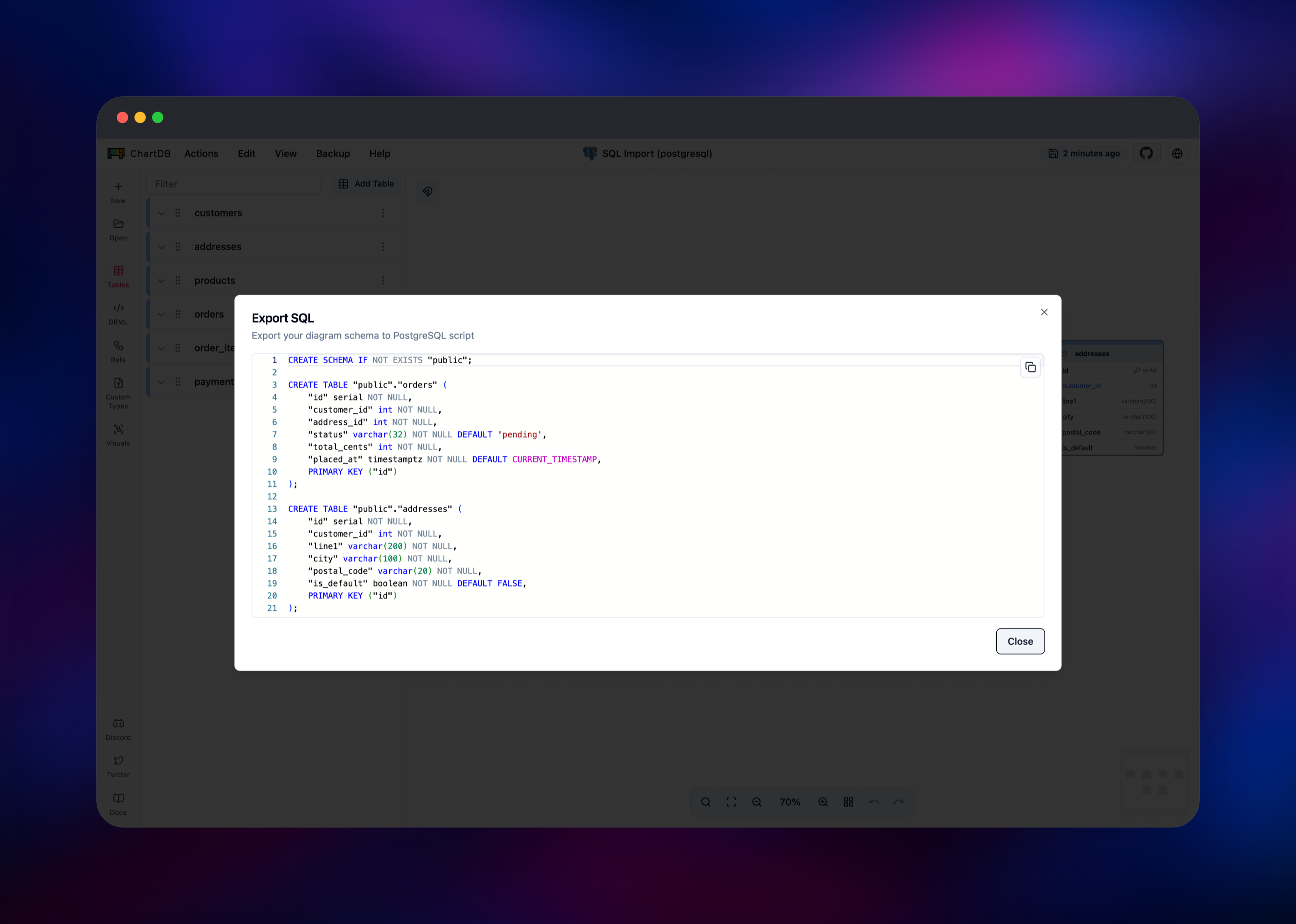 ChartDB exporting the diagram as PostgreSQL DDL