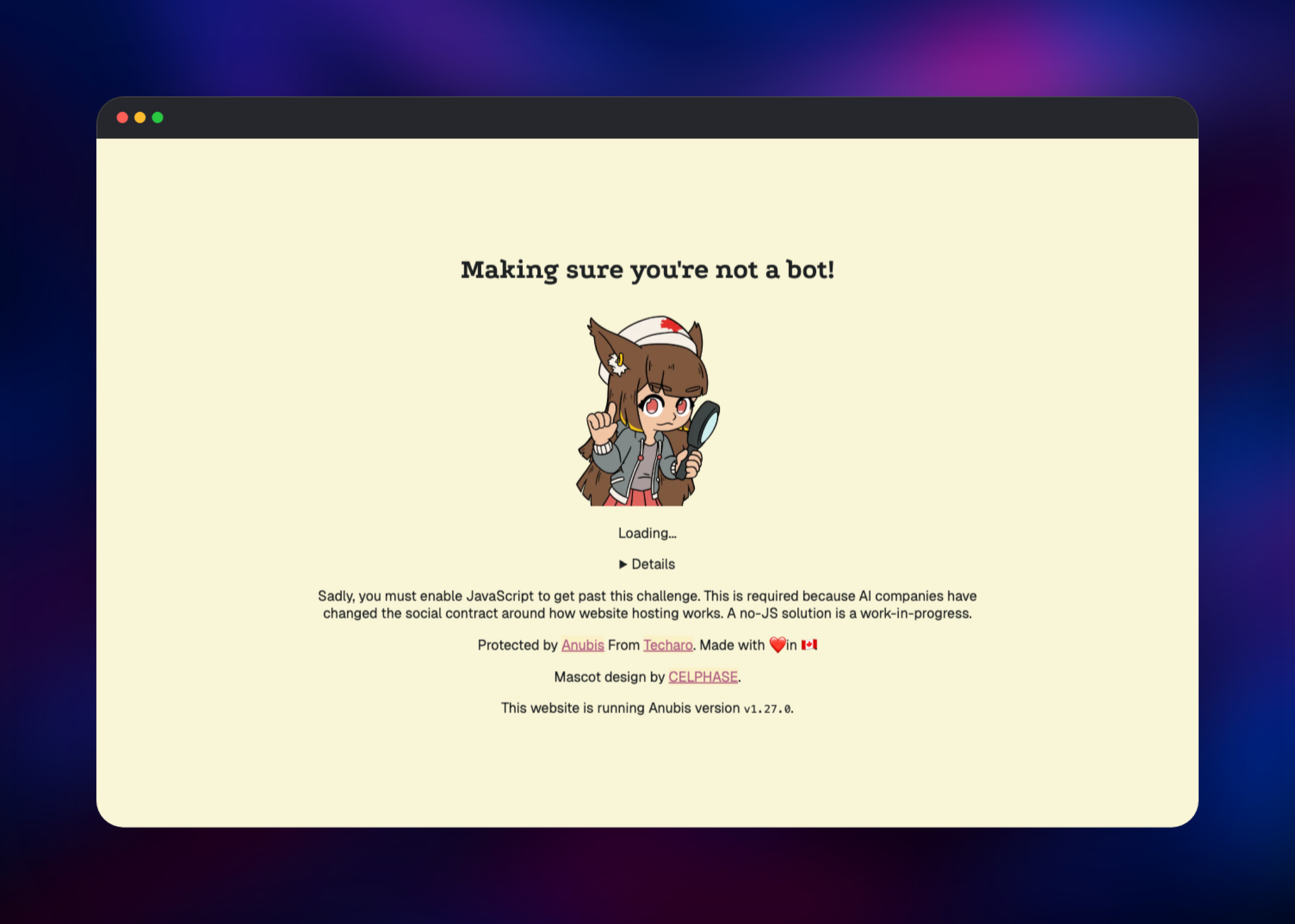 Anubis proof-of-work challenge page with its jackal mascot