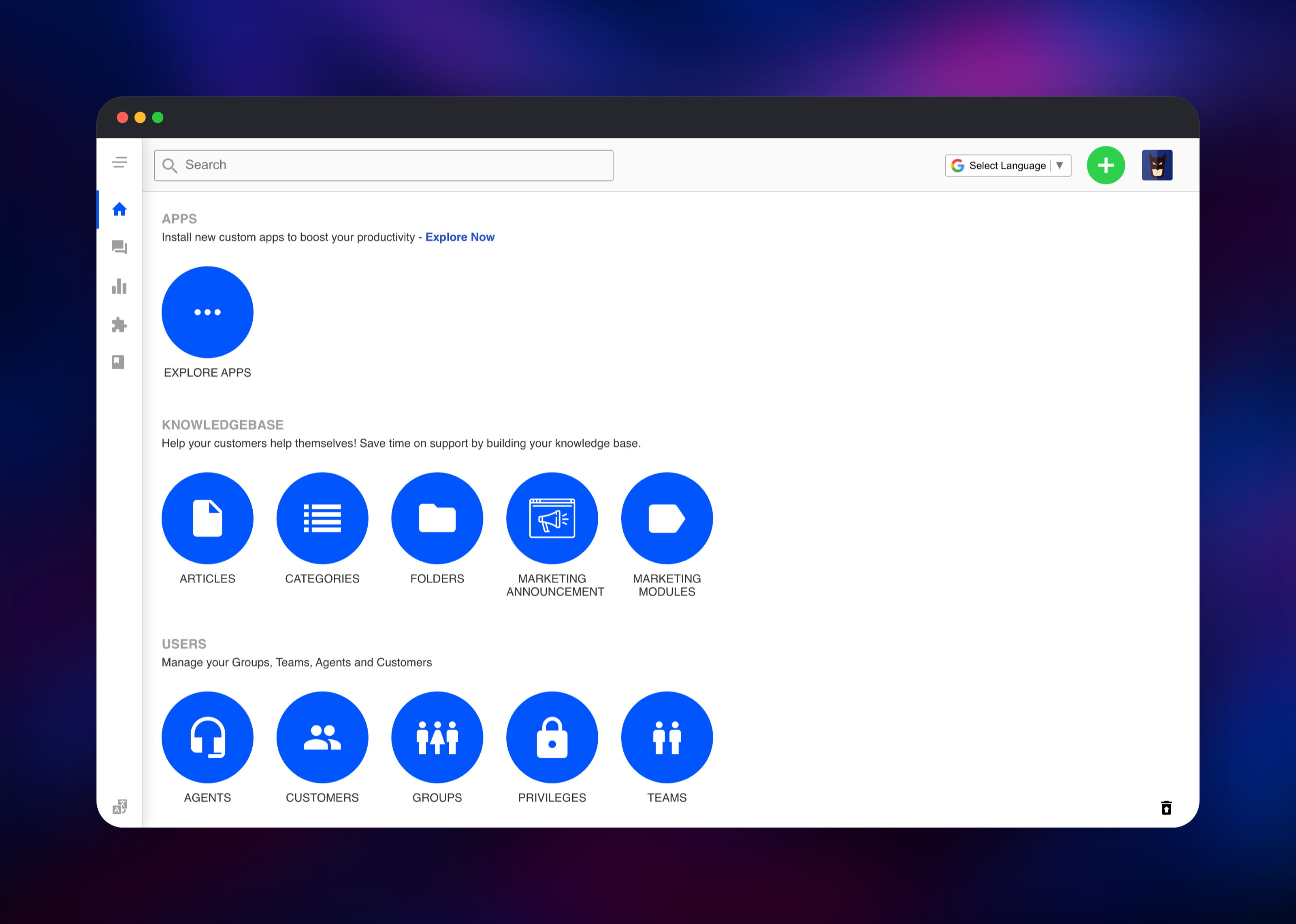 UVdesk agent panel showing knowledgebase and user management modules