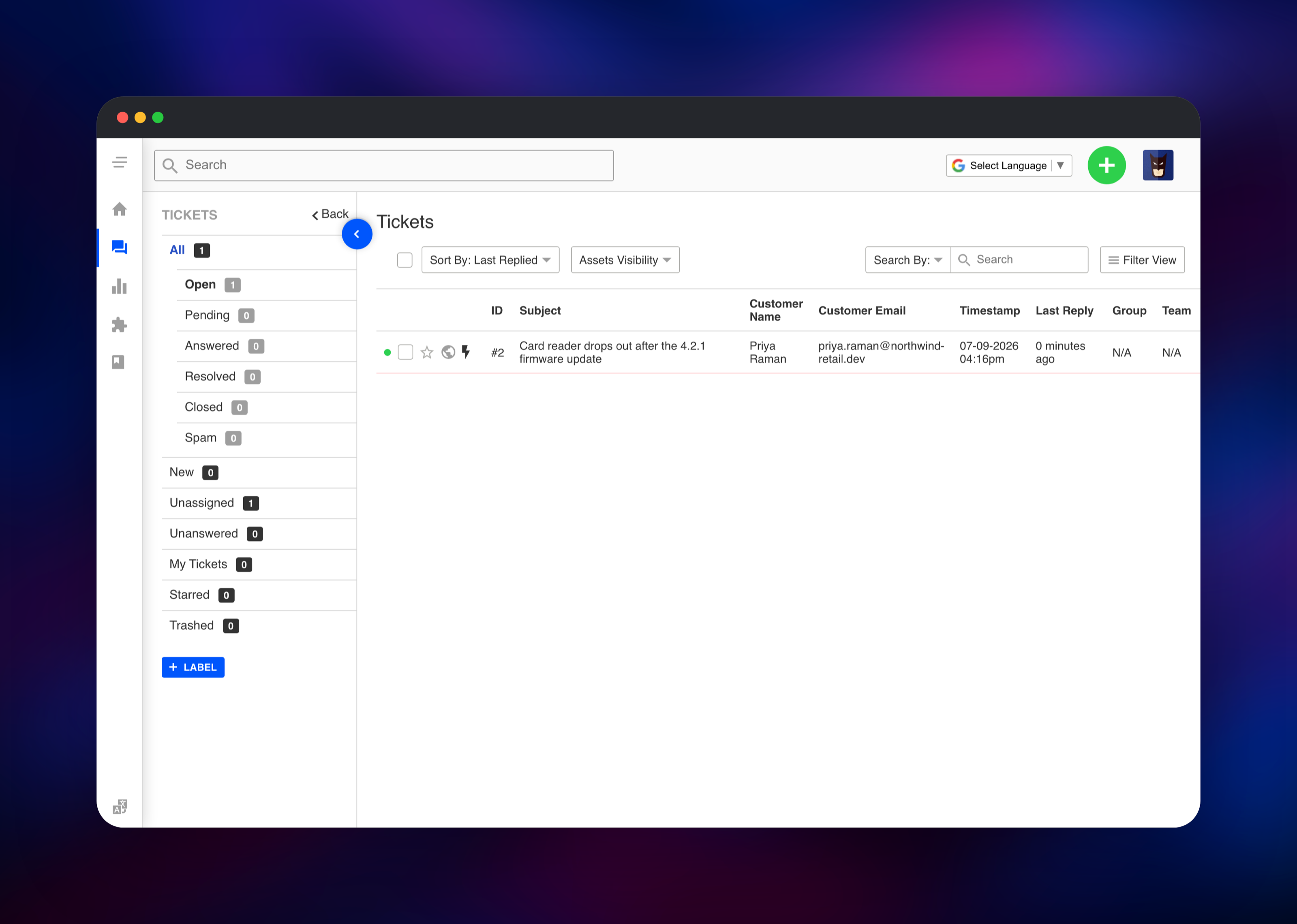 UVdesk ticket queue listing an open customer support ticket