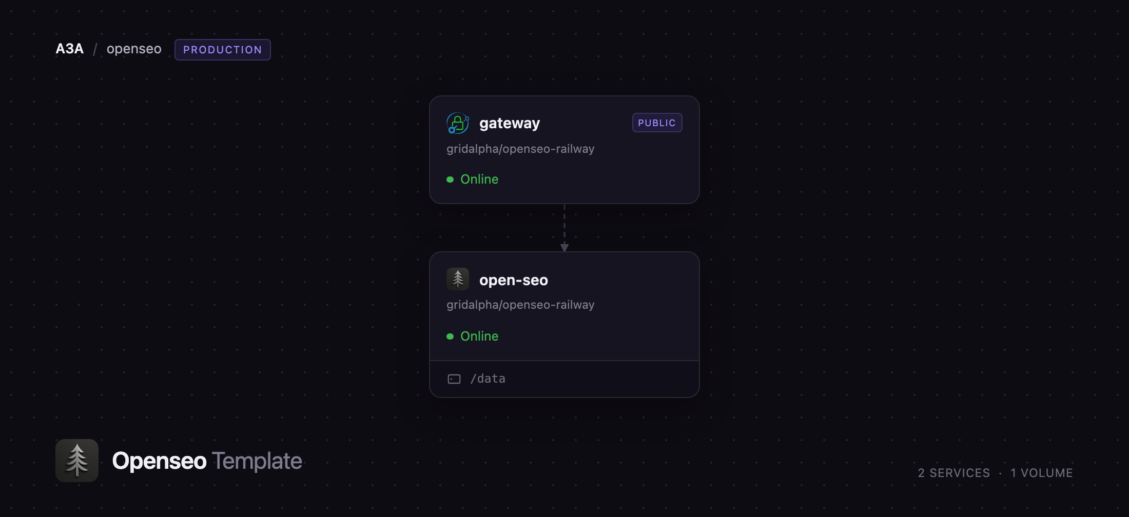 Diagram of the OpenSEO app and Caddy gateway services on Railway
