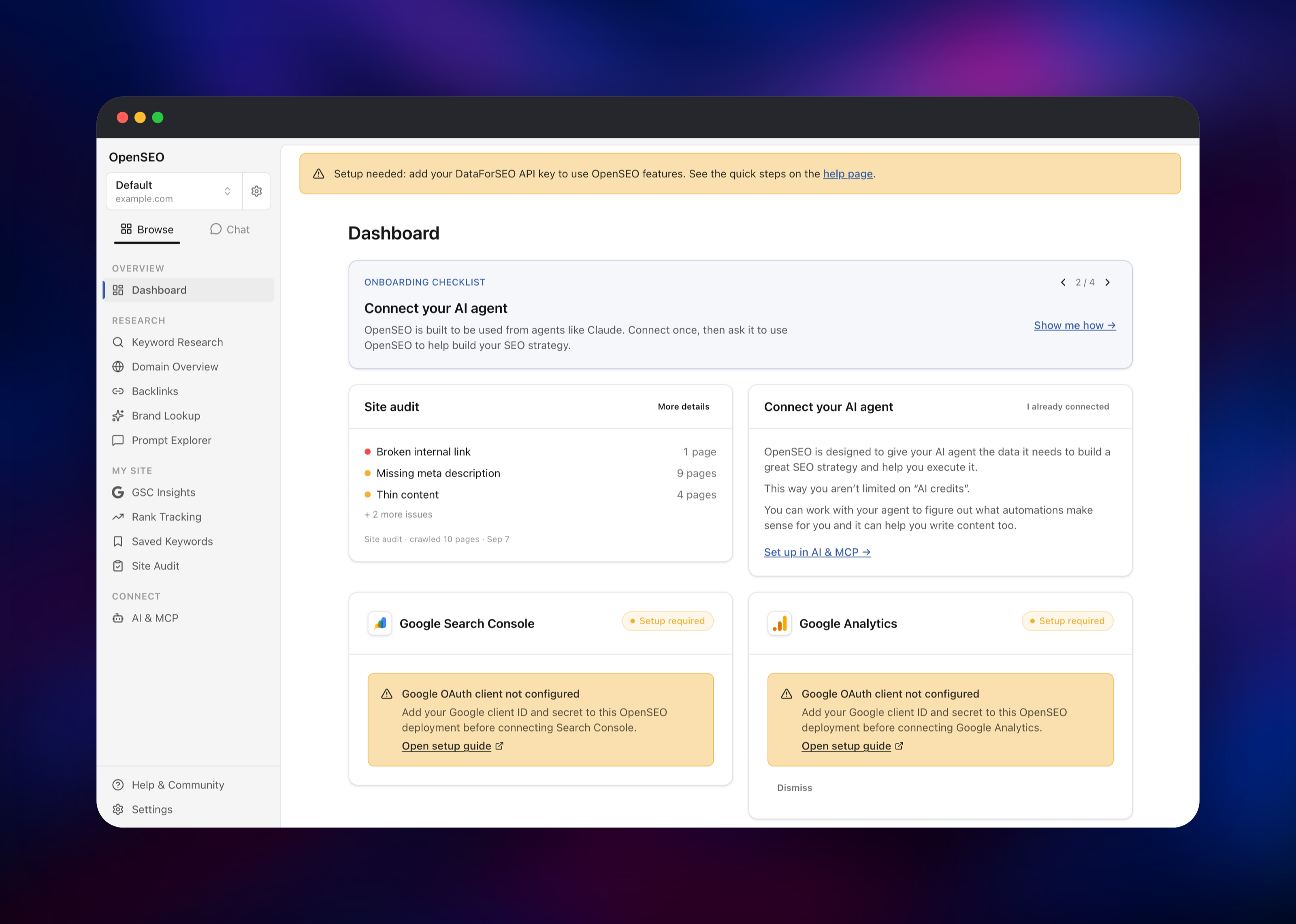 OpenSEO dashboard listing site audit issues for a project