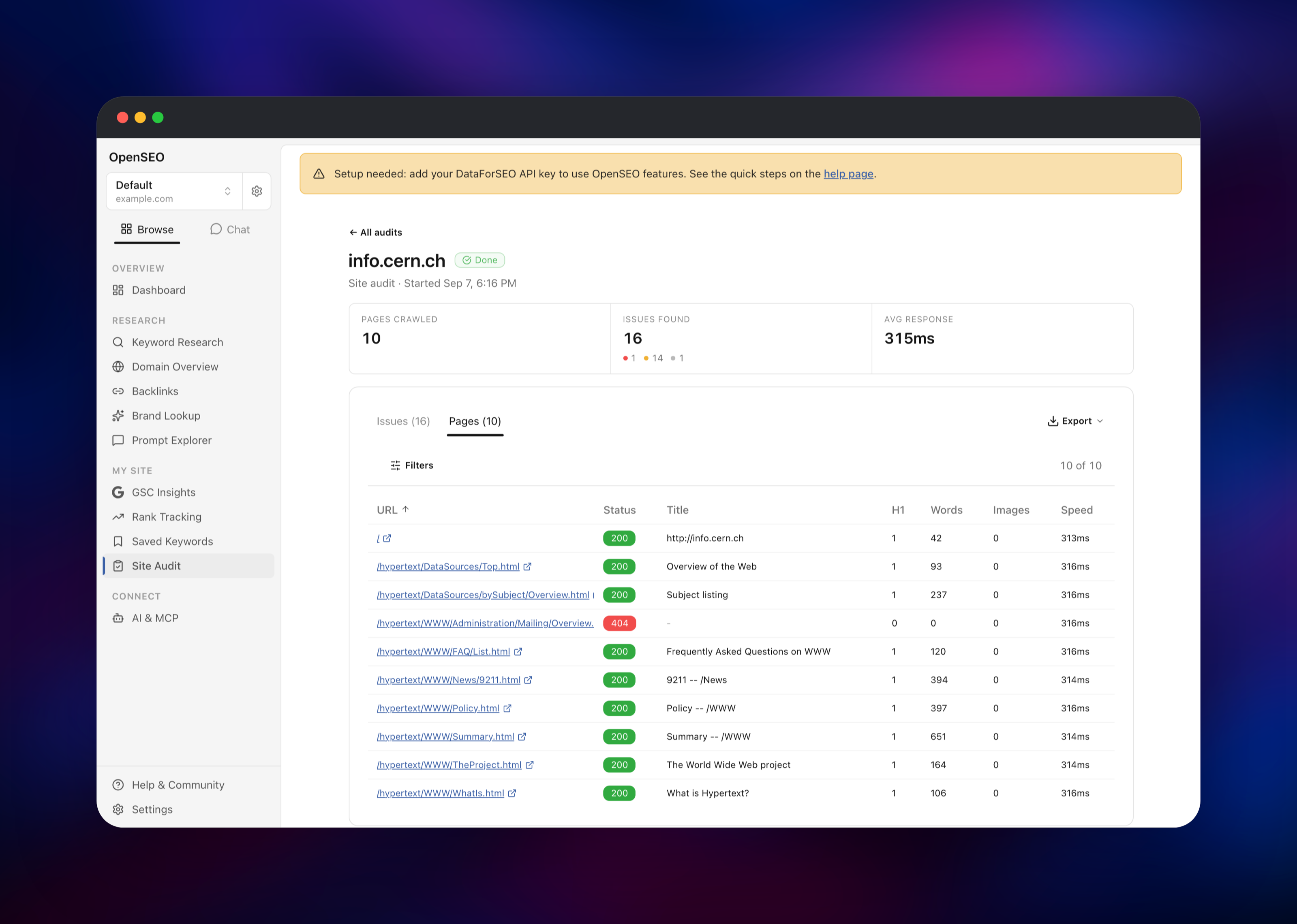 Crawled pages table from a finished OpenSEO site audit
