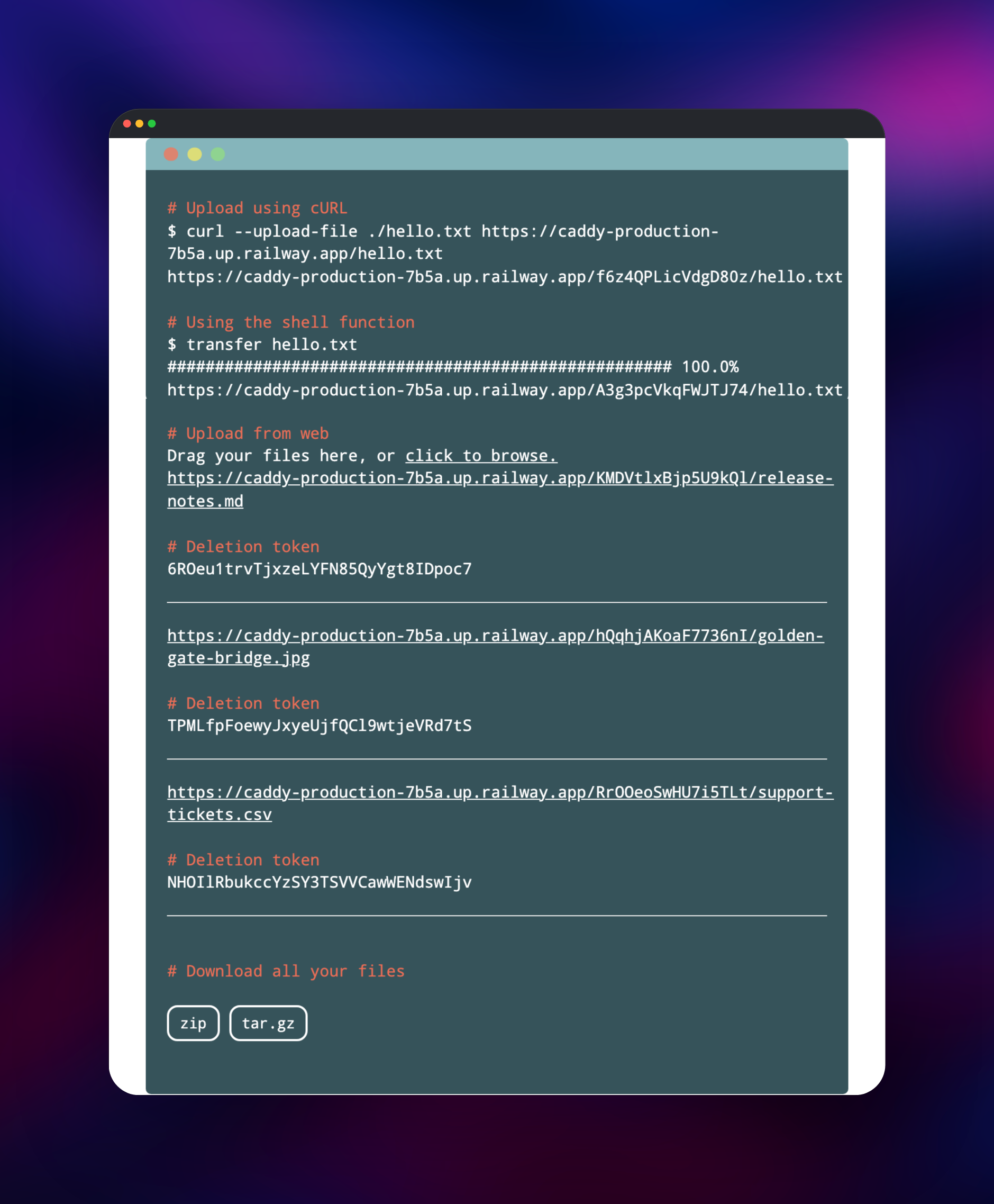 Three files uploaded through the transfer.sh web terminal