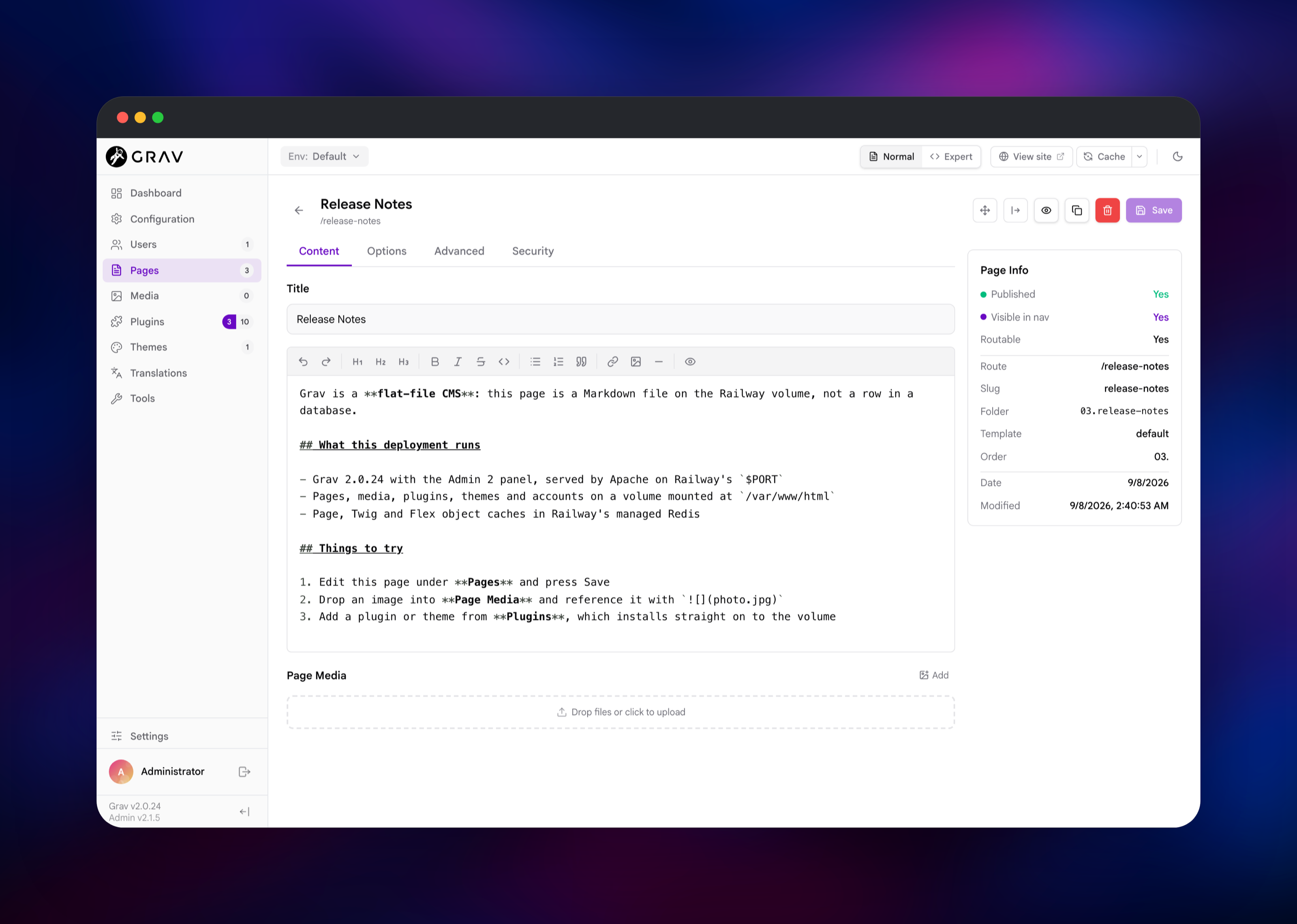 Editing the Release Notes page in Grav's Markdown editor