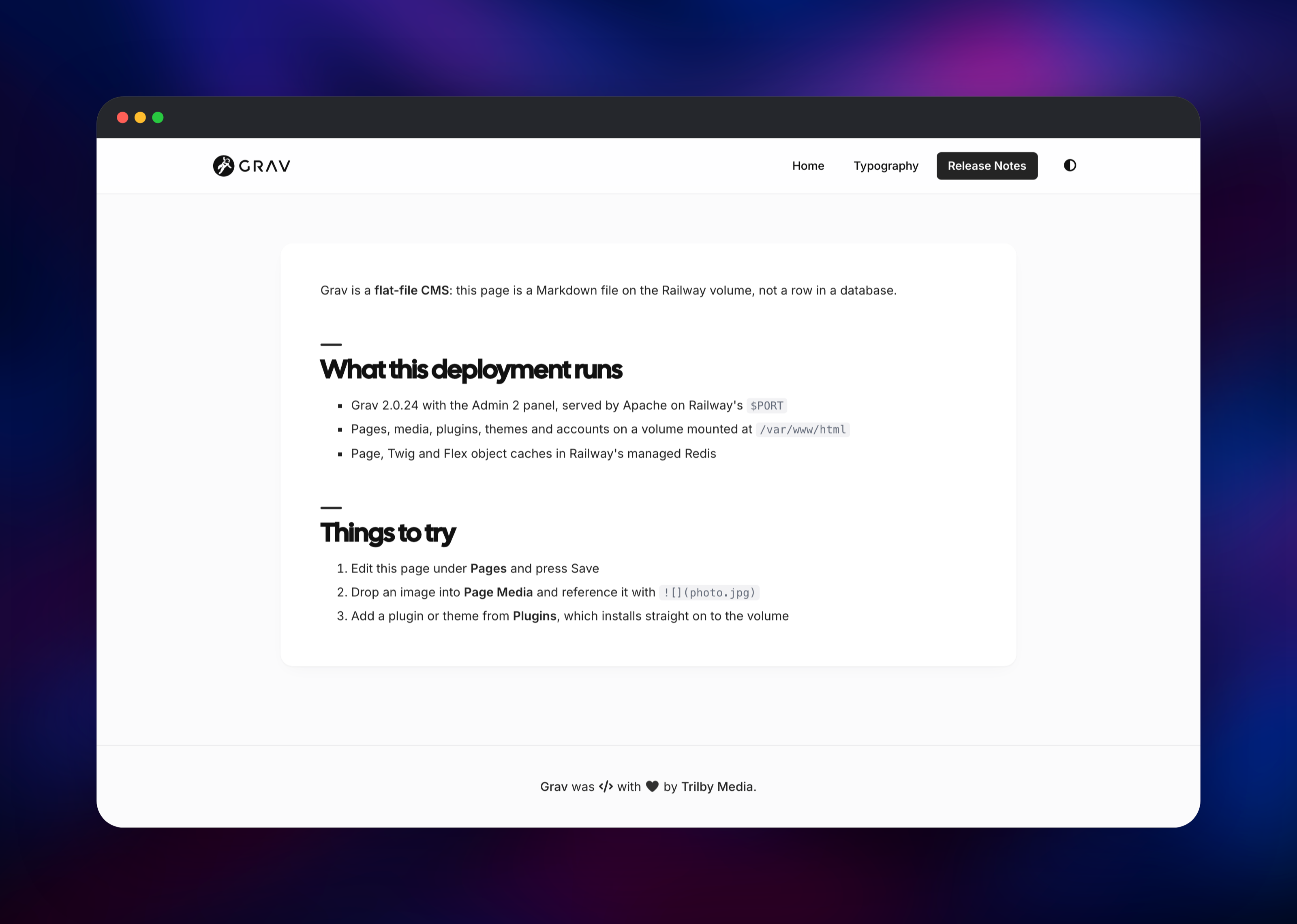 The published Release Notes page on the Grav site