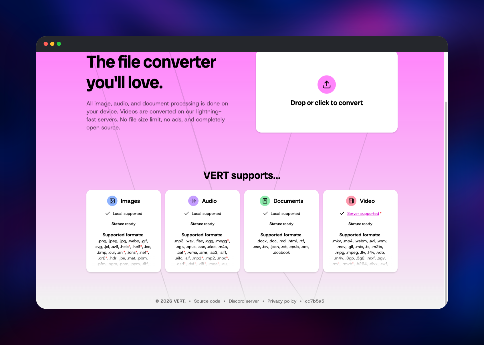 VERT home page listing image, audio, document and video formats