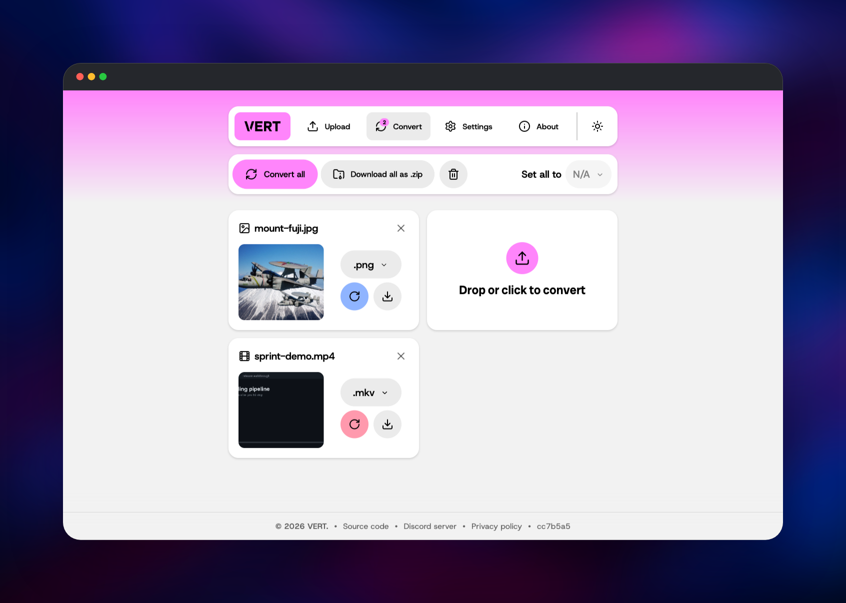 A converted photo and video ready to download in VERT