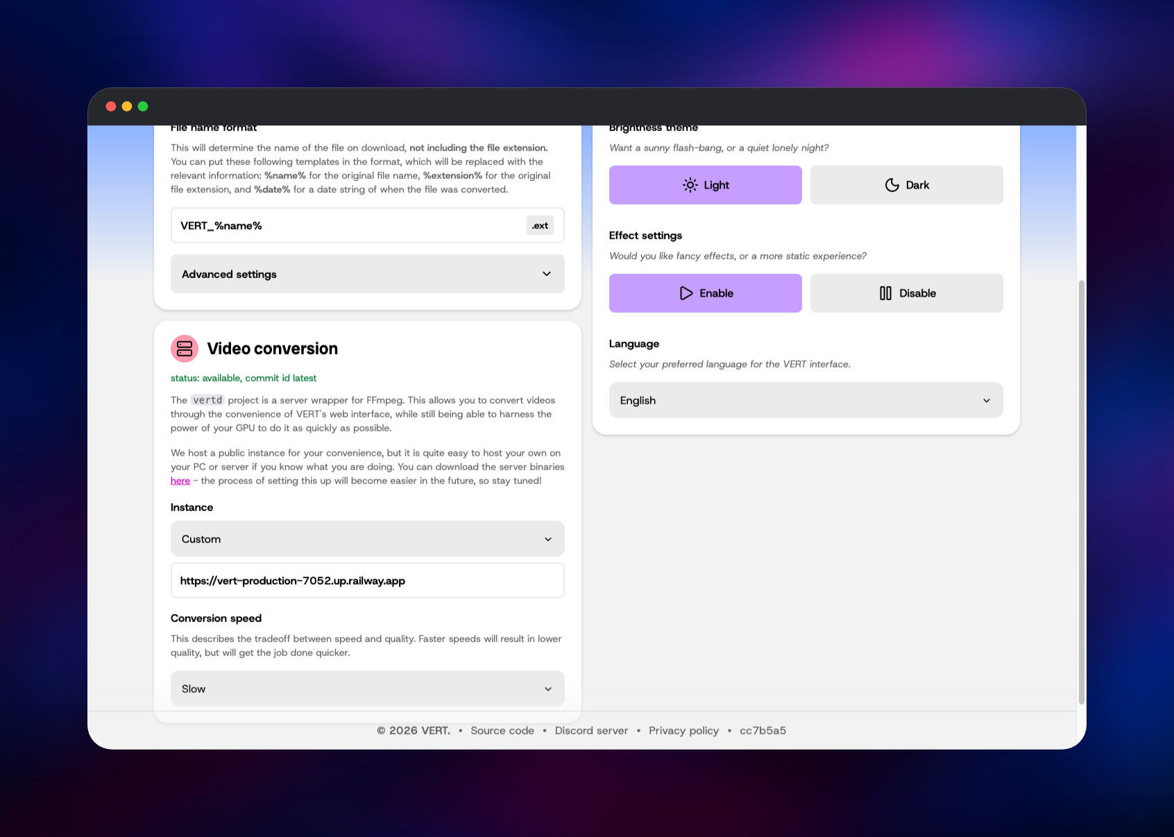VERT settings pointing video conversion at the self-hosted daemon