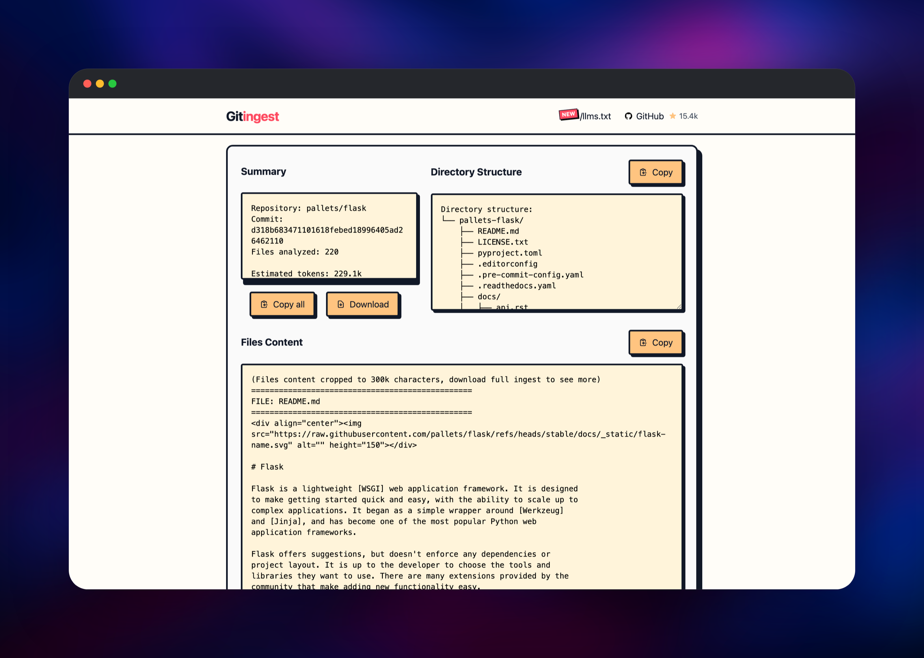 Gitingest digest of the Flask repository with summary and file tree