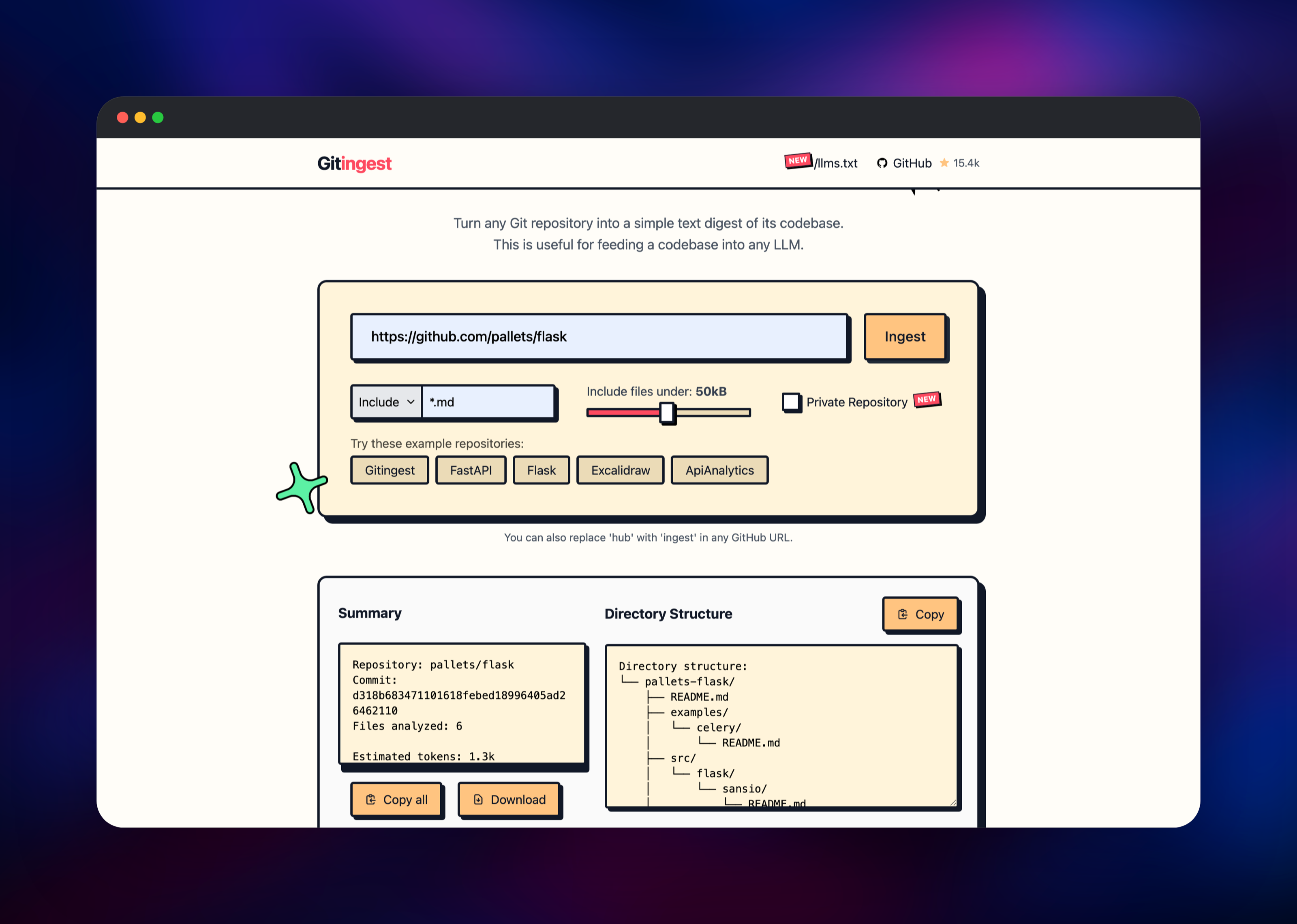Gitingest include filter limiting the Flask digest to Markdown files